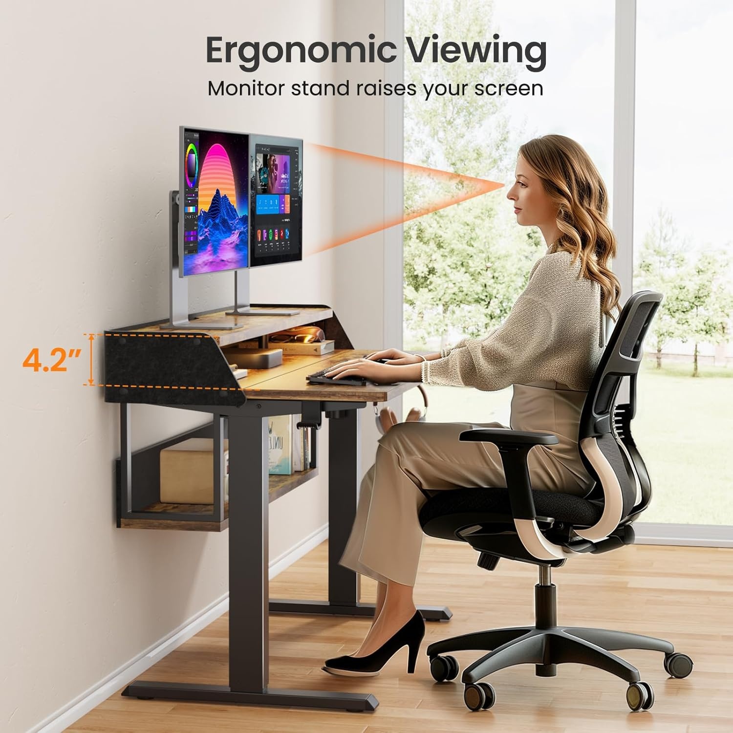 image:imageErGear Electric Standing Desk 48x24 Inch Adjustable Sit Stand Desk with Bookshelf amp Monitor Stand Standing Gaming Desk with LED Light Strip Stand Up Desk for Home Office Vintage BrownVintage Brown