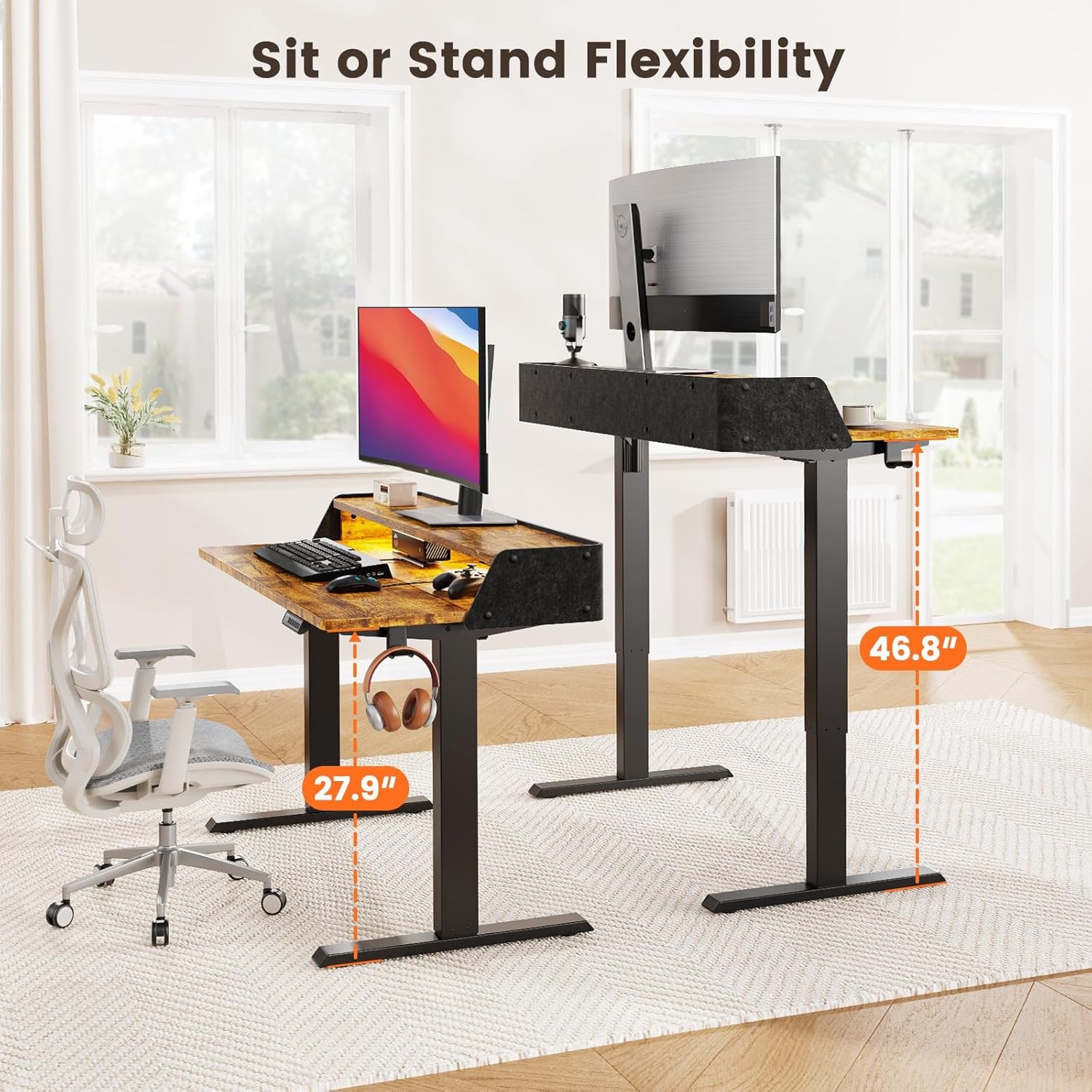 image:imageErGear Electric Standing Desk 48x24 Inch Adjustable Sit Stand Desk with Bookshelf amp Monitor Stand Standing Gaming Desk with LED Light Strip Stand Up Desk for Home Office Vintage BrownVintage Brown