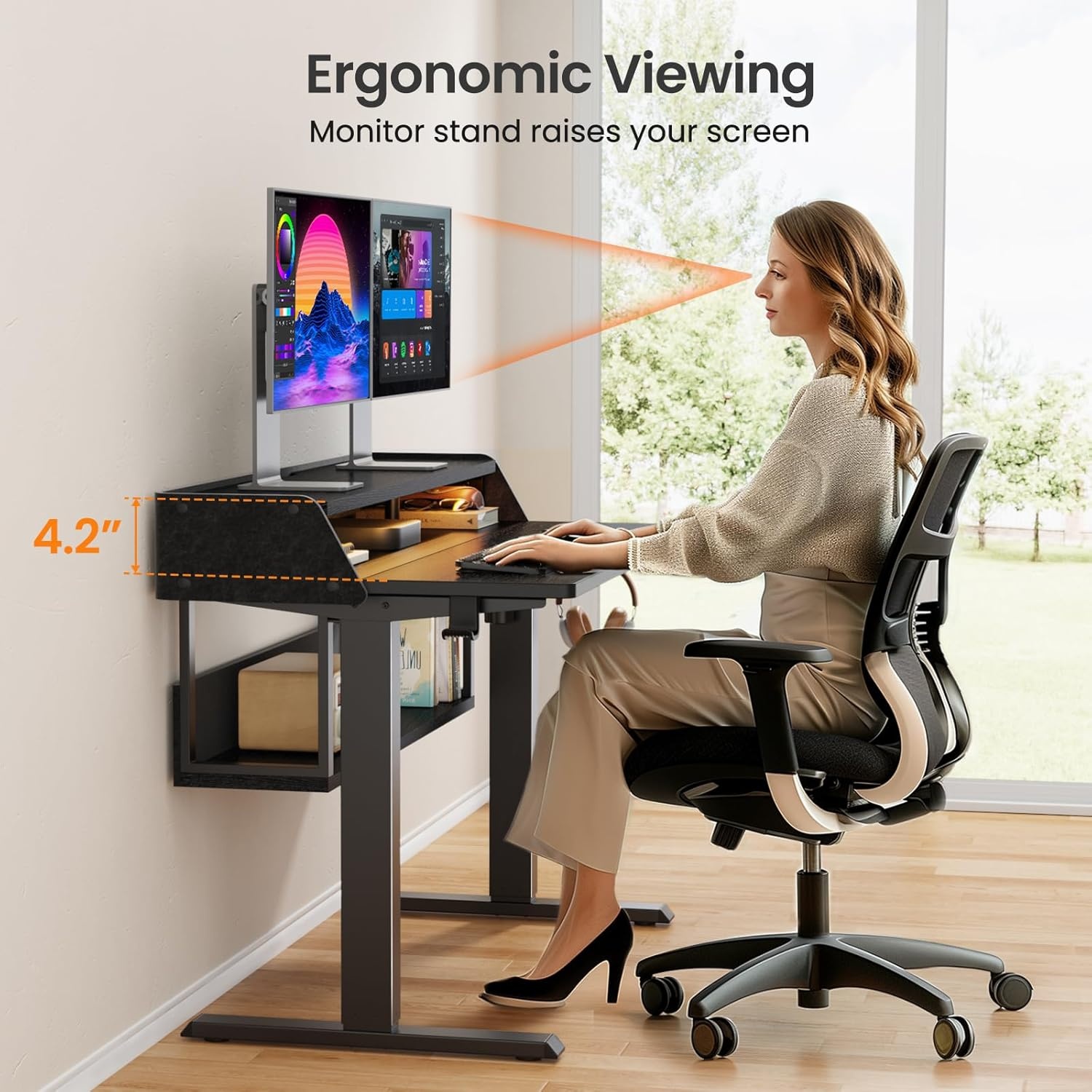 image:imageErGear Electric Standing Desk 48x24 Inch Adjustable Sit Stand Desk with Bookshelf amp Monitor Stand Standing Gaming Desk with LED Light Strip Stand Up Desk for Home Office Vintage BrownBlack