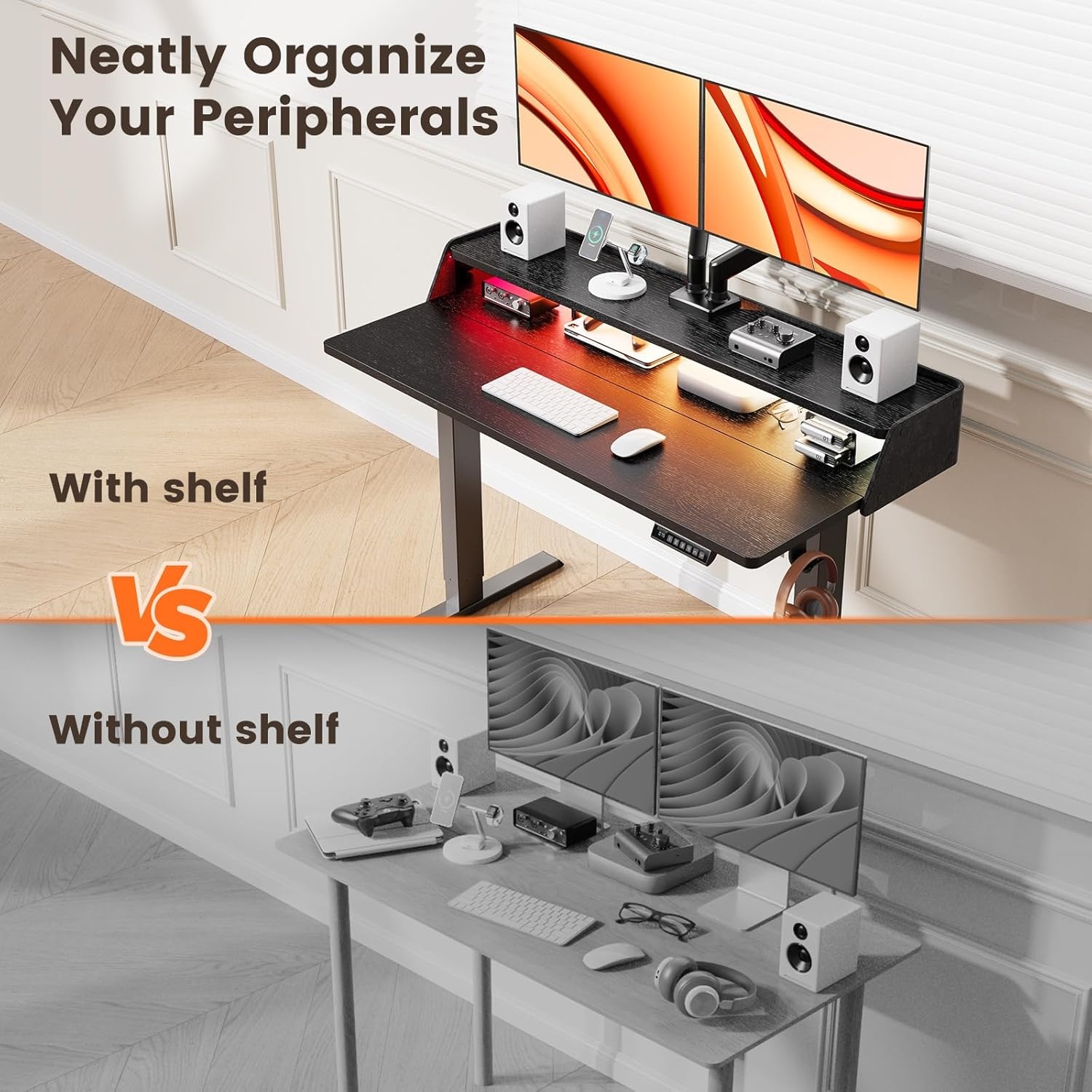 image:imageErGear Electric Standing Desk 48x24 Inch Adjustable Sit Stand Desk with Bookshelf amp Monitor Stand Standing Gaming Desk with LED Light Strip Stand Up Desk for Home Office Vintage BrownBlack