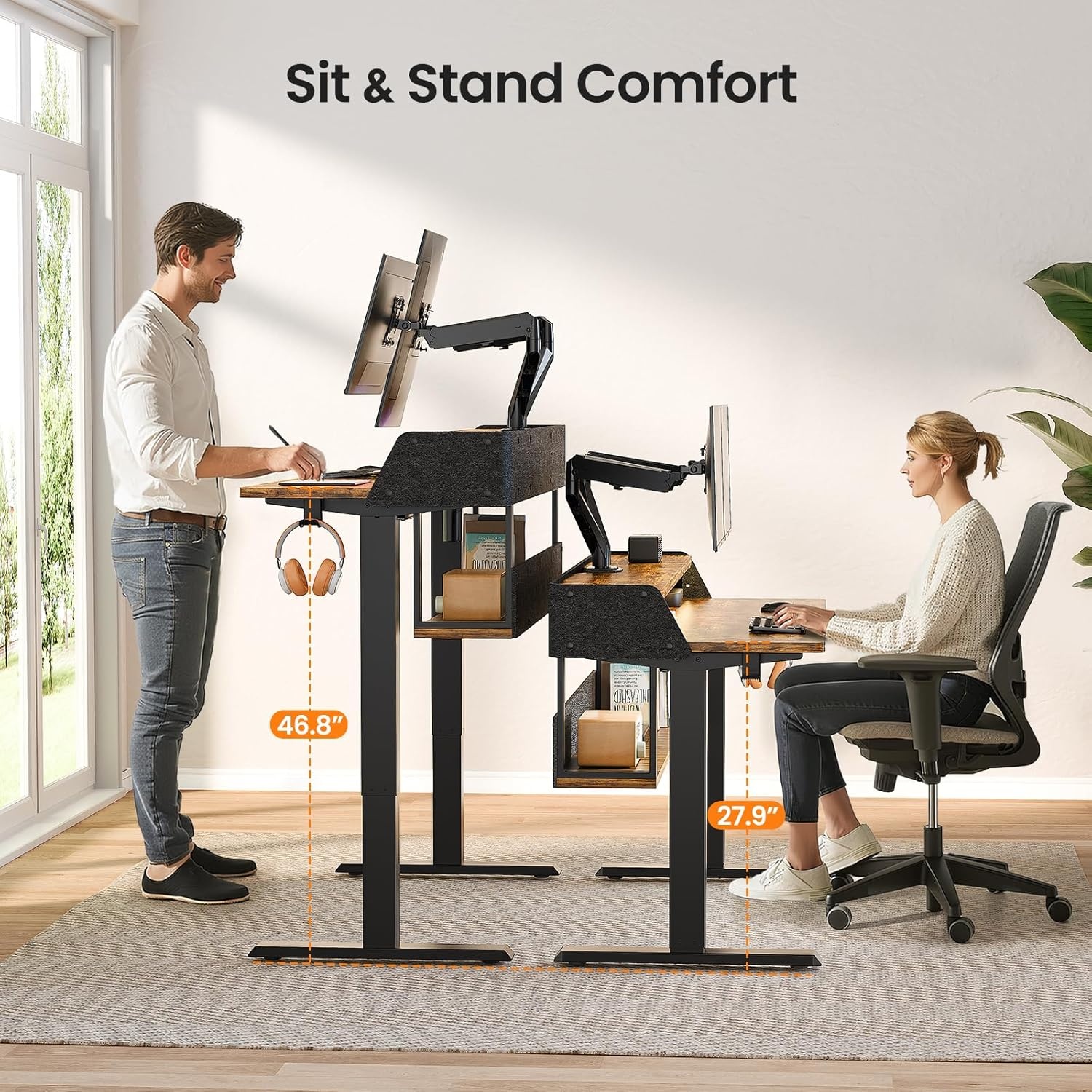 image:imageErGear Electric Standing Desk 48x24 Inch Adjustable Sit Stand Desk with Bookshelf amp Monitor Stand Standing Gaming Desk with LED Light Strip Stand Up Desk for Home Office Vintage BrownVintage Brown