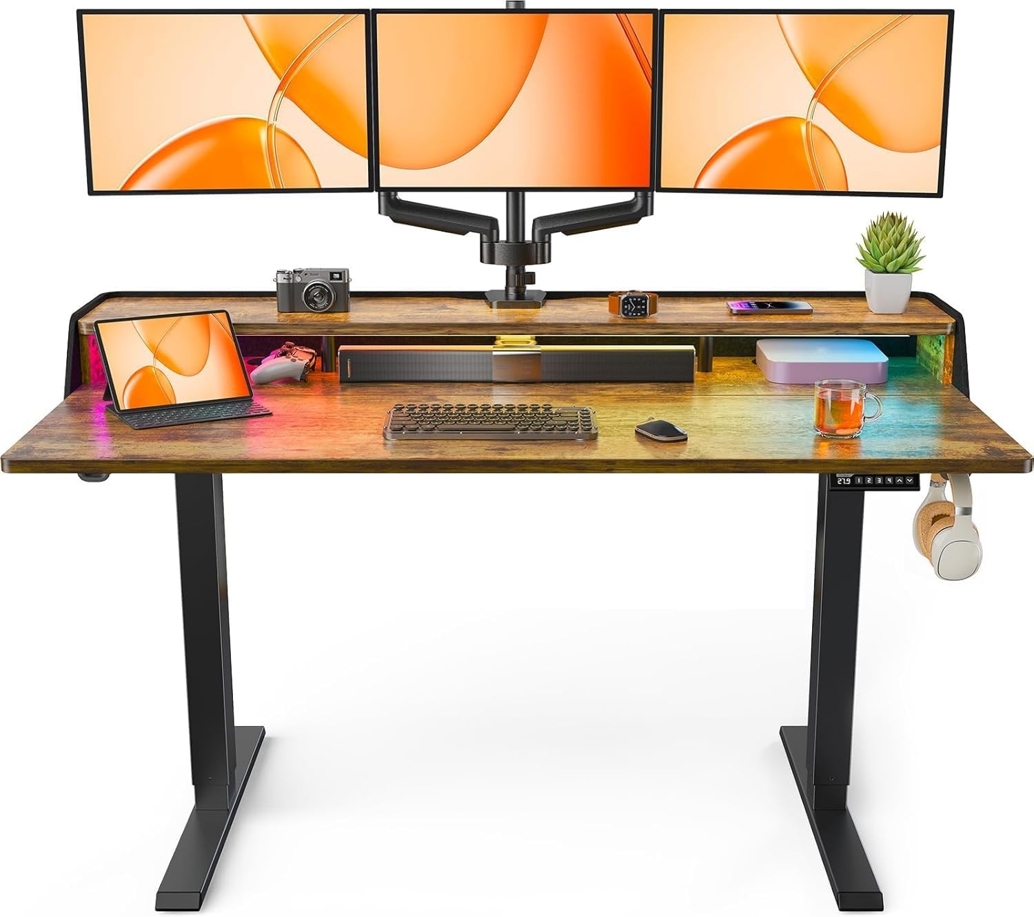 image:imageErGear Electric Standing Desk 48x24 Inch Adjustable Sit Stand Desk with Bookshelf amp Monitor Stand Standing Gaming Desk with LED Light Strip Stand Up Desk for Home Office Vintage BrownVintage Brown