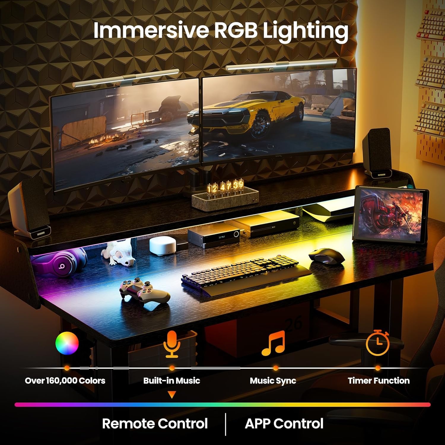 image:imageErGear Electric Standing Desk 48x24 Inch Adjustable Sit Stand Desk with Bookshelf amp Monitor Stand Standing Gaming Desk with LED Light Strip Stand Up Desk for Home Office Vintage BrownBlack