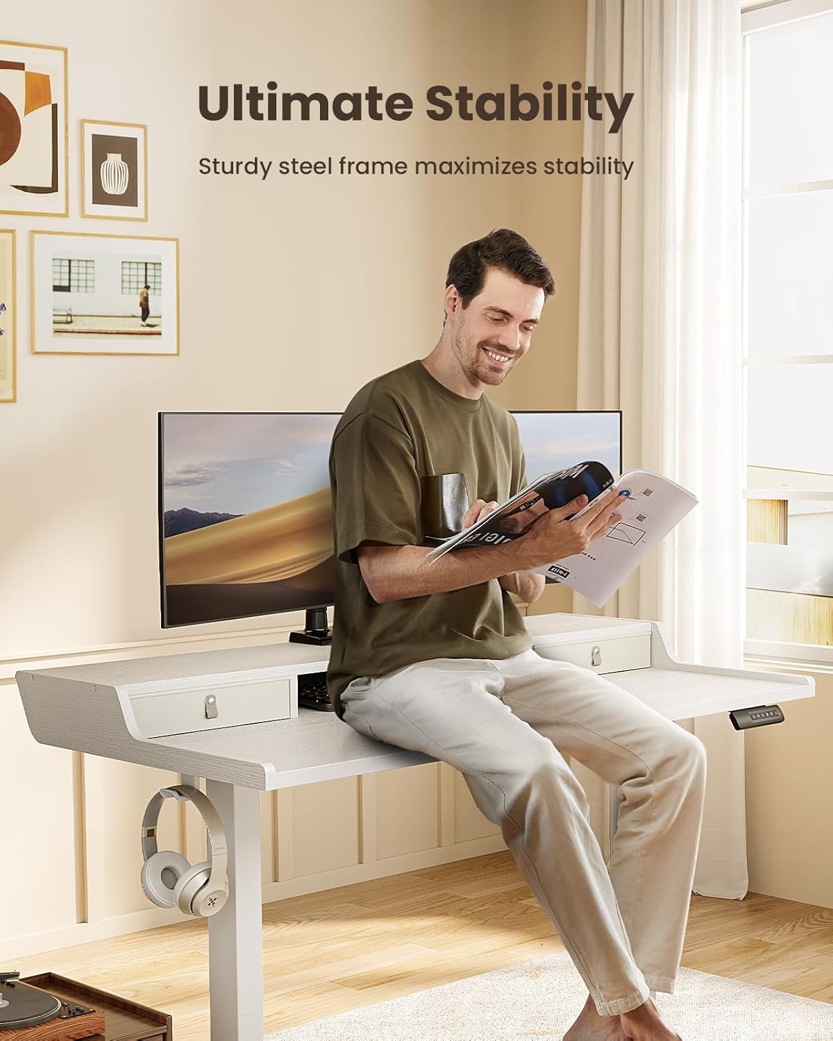 image:imageErGear Electric Standing Desk with Drawers 48 x 24 Gaming Table Compatible Monitor Stand Stand up Desks Home Office HeightAdjustable Desk with Storage Shelf 4 Preset Heights WhiteWhite
