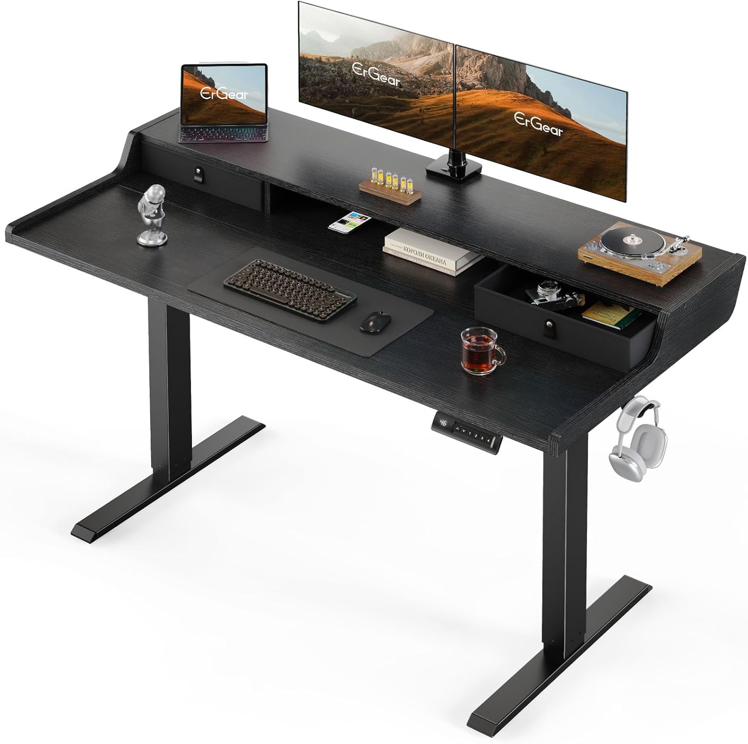 image:imageErGear Electric Standing Desk with Drawers 48 x 24 Gaming Table Compatible Monitor Stand Stand up Desks Home Office HeightAdjustable Desk with Storage Shelf 4 Preset Heights WhiteBlack