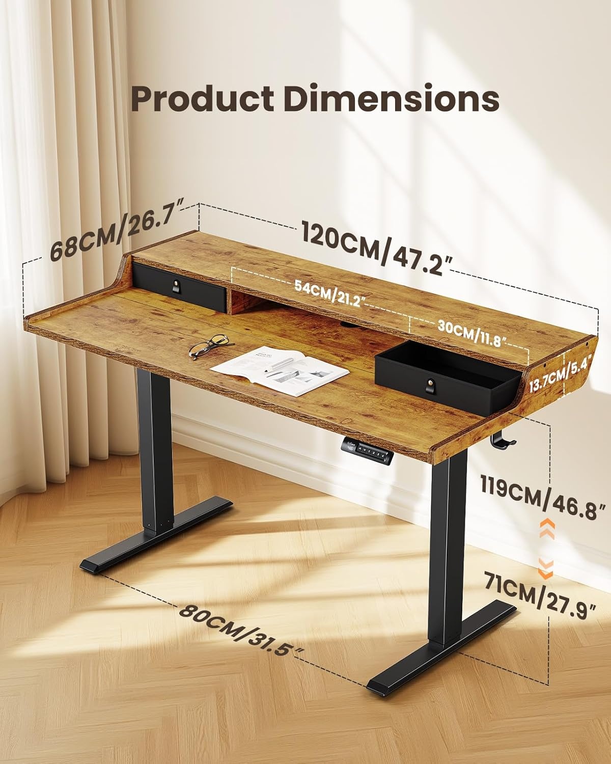 image:imageErGear Electric Standing Desk with Drawers 48 x 24 Gaming Table Compatible Monitor Stand Stand up Desks Home Office HeightAdjustable Desk with Storage Shelf 4 Preset Heights WhiteVintage Brown
