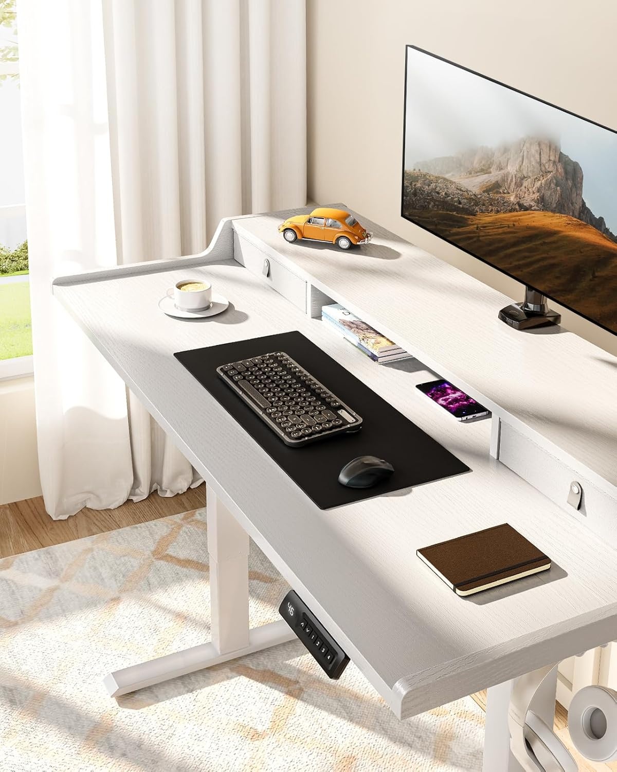 image:imageErGear Electric Standing Desk with Drawers 48 x 24 Gaming Table Compatible Monitor Stand Stand up Desks Home Office HeightAdjustable Desk with Storage Shelf 4 Preset Heights WhiteWhite