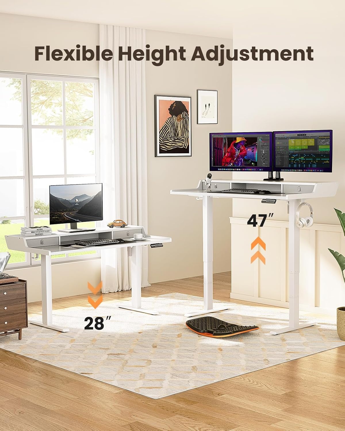 image:imageErGear Electric Standing Desk with Drawers 48 x 24 Gaming Table Compatible Monitor Stand Stand up Desks Home Office HeightAdjustable Desk with Storage Shelf 4 Preset Heights WhiteWhite