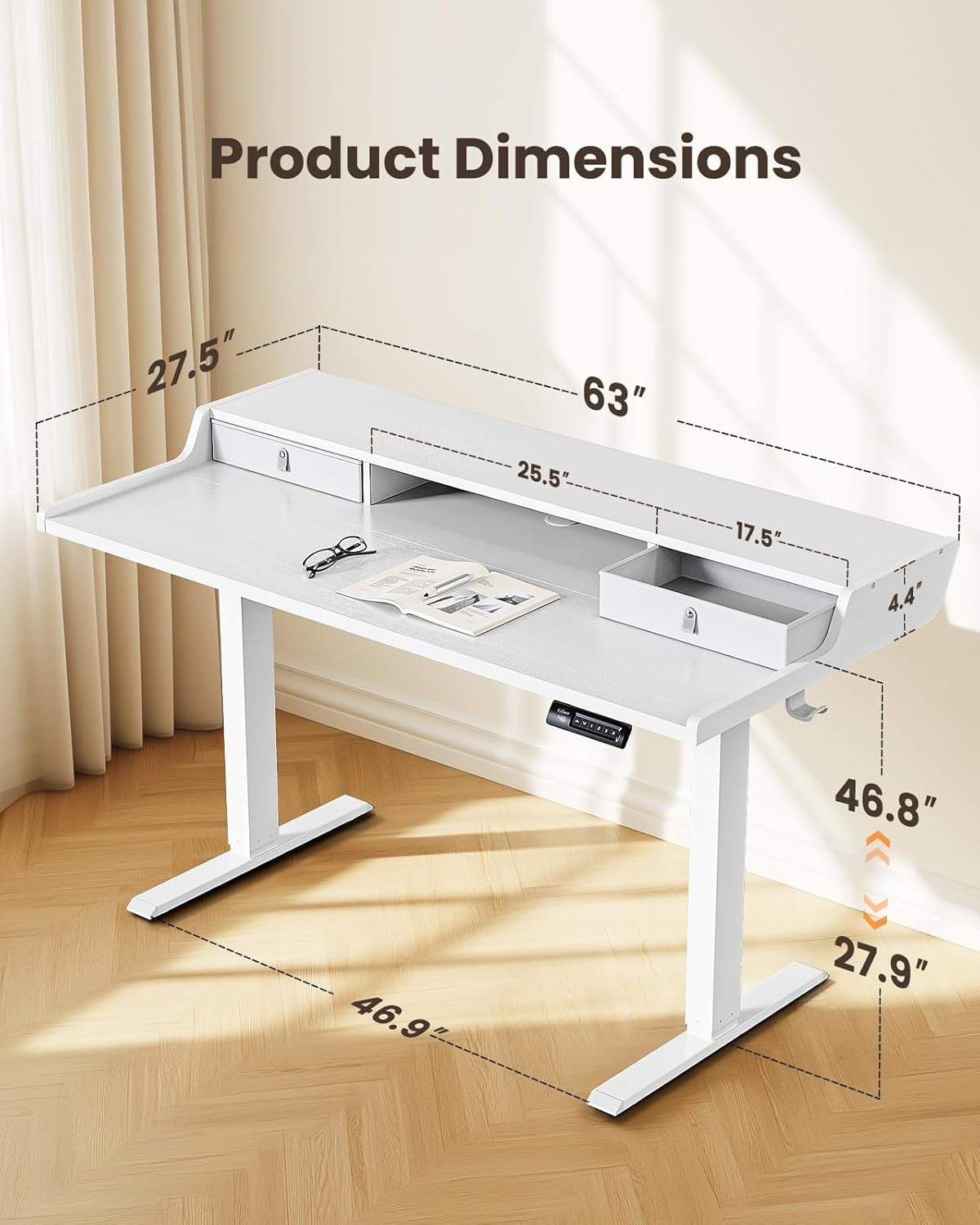 image:imageErGear Electric Standing Desk with Drawers 48 x 24 Gaming Table Compatible Monitor Stand Stand up Desks Home Office HeightAdjustable Desk with Storage Shelf 4 Preset Heights WhiteWhite
