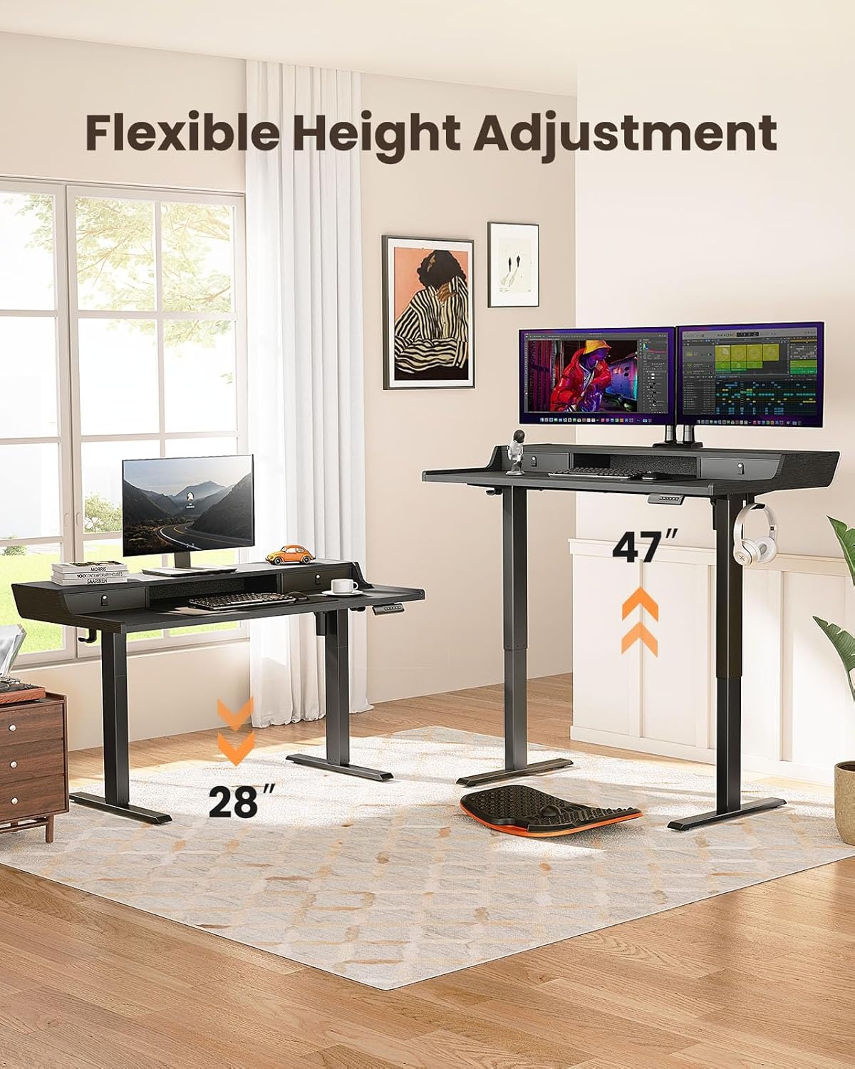 image:imageErGear Electric Standing Desk with Drawers 48 x 24 Gaming Table Compatible Monitor Stand Stand up Desks Home Office HeightAdjustable Desk with Storage Shelf 4 Preset Heights WhiteBlack