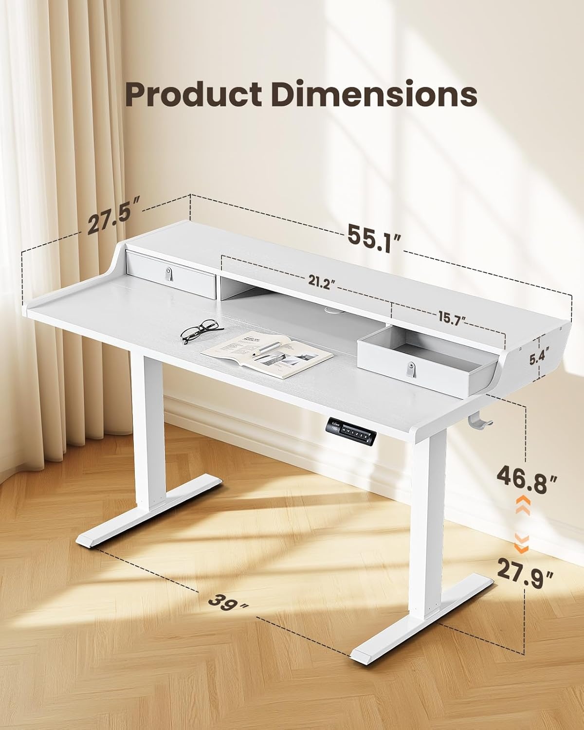 image:imageErGear Electric Standing Desk with Drawers 48 x 24 Gaming Table Compatible Monitor Stand Stand up Desks Home Office HeightAdjustable Desk with Storage Shelf 4 Preset Heights WhiteWhite