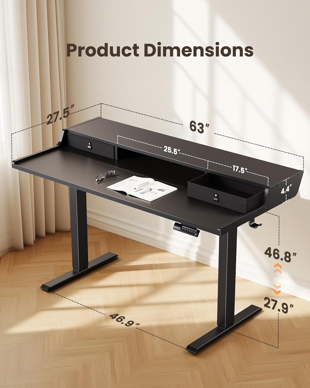 image:imageErGear Electric Standing Desk with Drawers 48 x 24 Gaming Table Compatible Monitor Stand Stand up Desks Home Office HeightAdjustable Desk with Storage Shelf 4 Preset Heights WhiteBlack