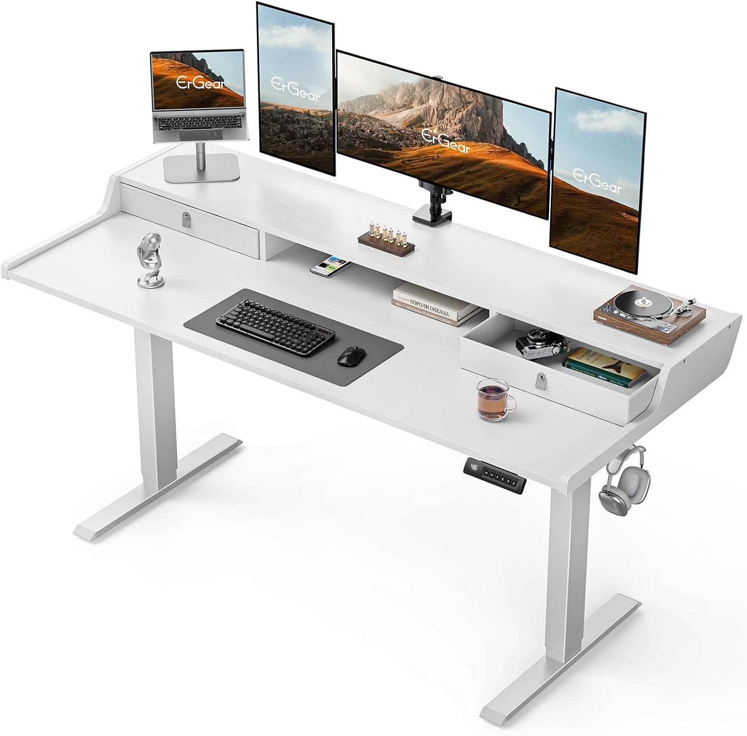 image:imageErGear Electric Standing Desk with Drawers 48 x 24 Gaming Table Compatible Monitor Stand Stand up Desks Home Office HeightAdjustable Desk with Storage Shelf 4 Preset Heights WhiteWhite