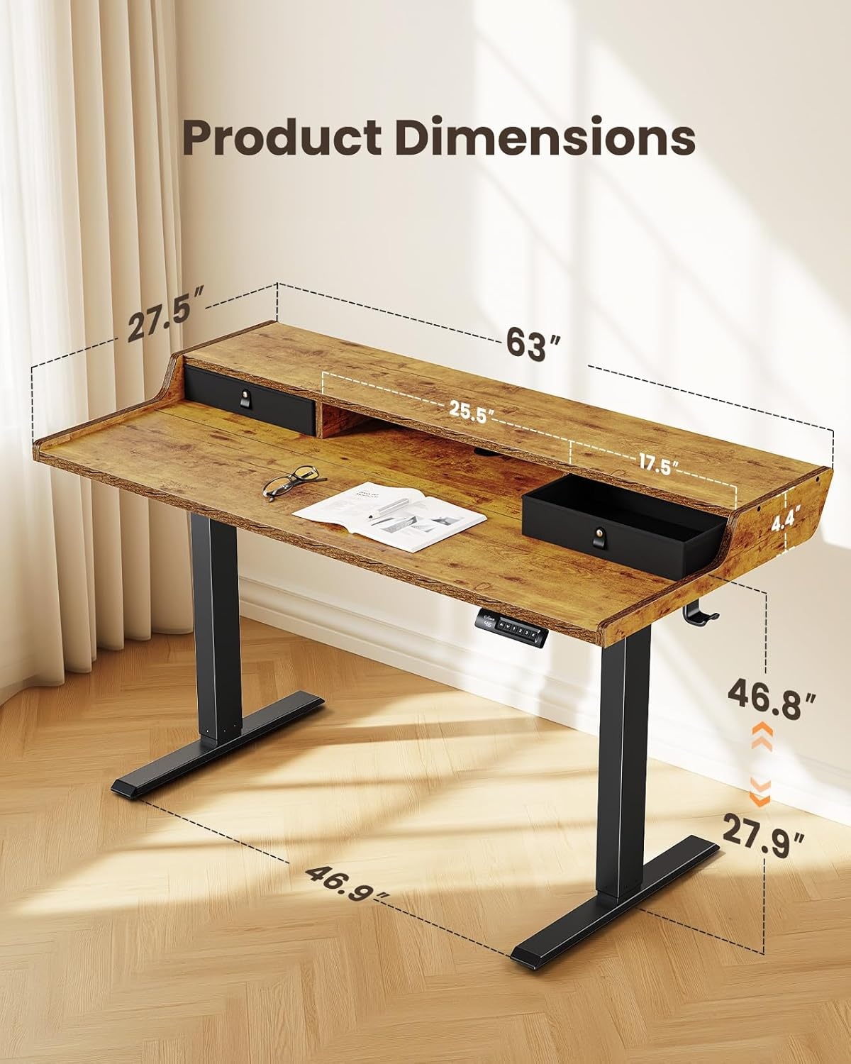 image:imageErGear Electric Standing Desk with Drawers 48 x 24 Gaming Table Compatible Monitor Stand Stand up Desks Home Office HeightAdjustable Desk with Storage Shelf 4 Preset Heights WhiteVintage Brown