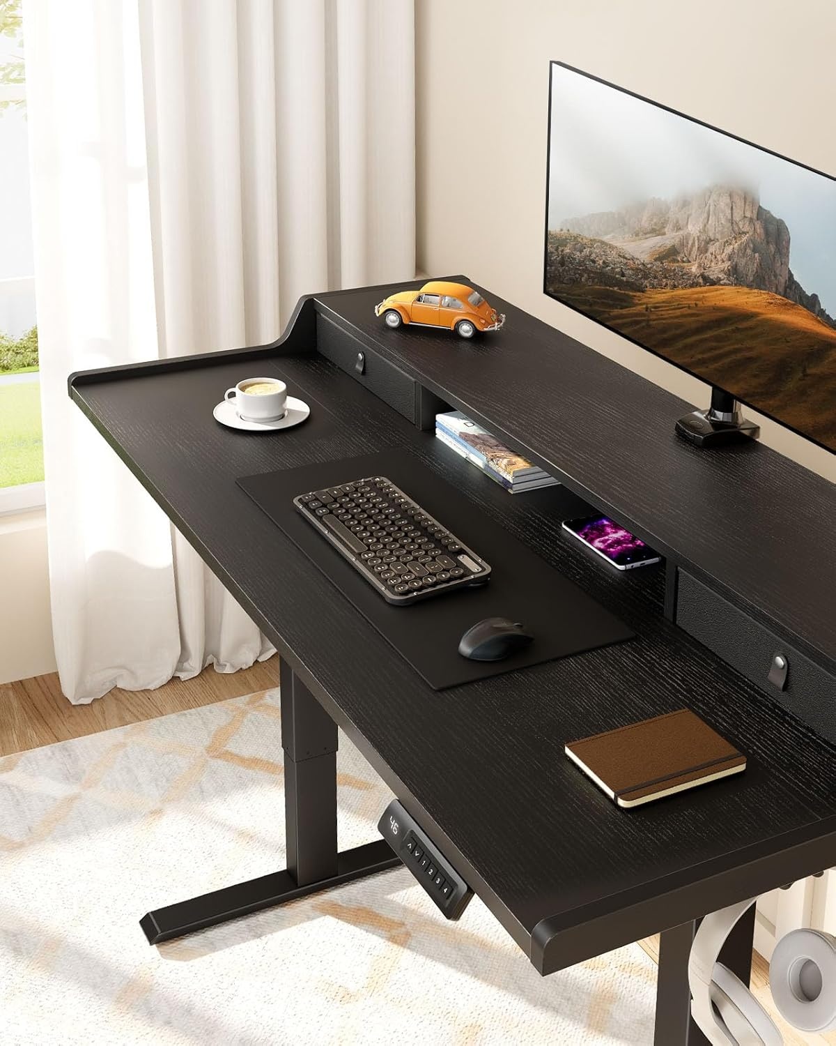 image:imageErGear Electric Standing Desk with Drawers 48 x 24 Gaming Table Compatible Monitor Stand Stand up Desks Home Office HeightAdjustable Desk with Storage Shelf 4 Preset Heights WhiteBlack