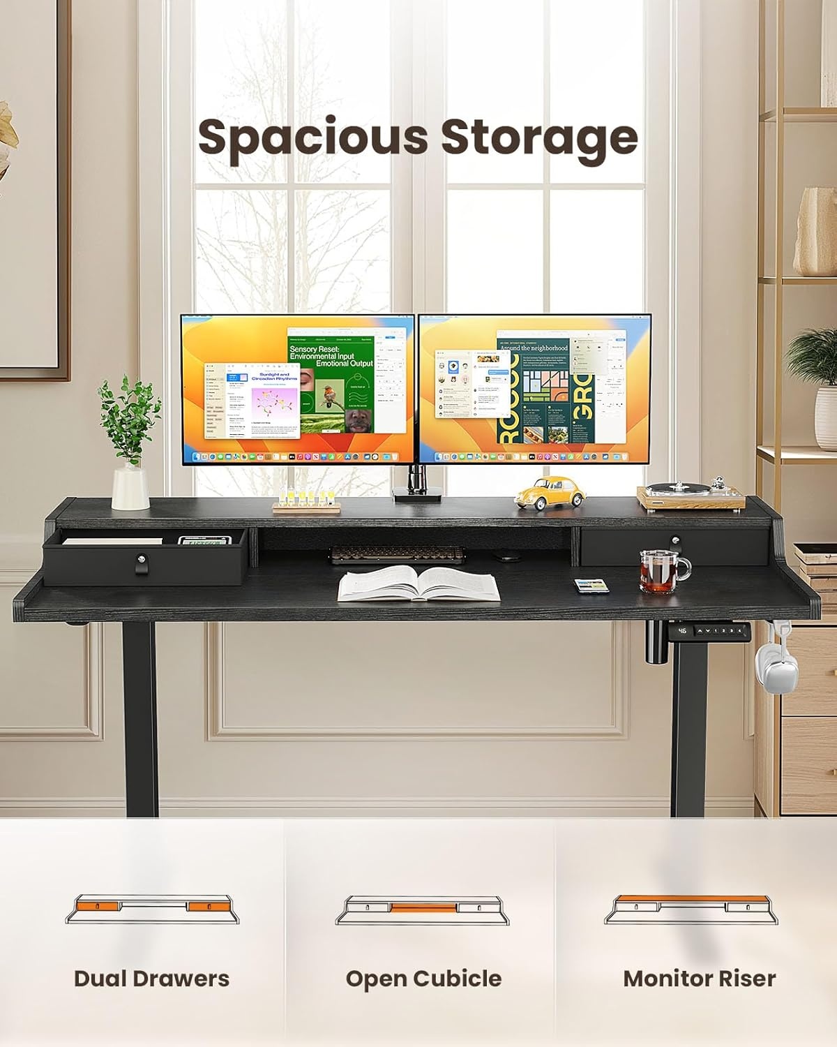 image:imageErGear Electric Standing Desk with Drawers 48 x 24 Gaming Table Compatible Monitor Stand Stand up Desks Home Office HeightAdjustable Desk with Storage Shelf 4 Preset Heights WhiteBlack