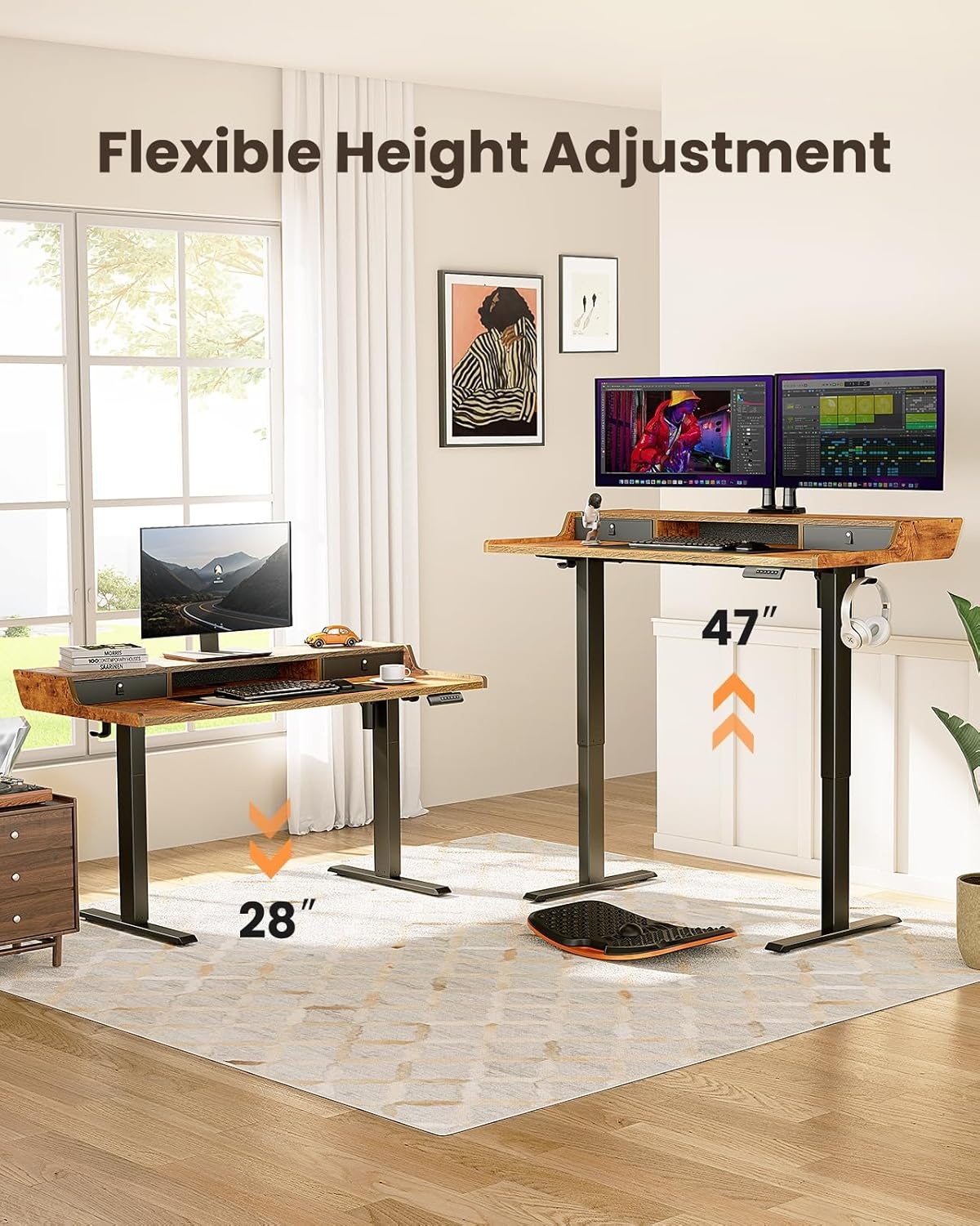 image:imageErGear Electric Standing Desk with Drawers 48 x 24 Gaming Table Compatible Monitor Stand Stand up Desks Home Office HeightAdjustable Desk with Storage Shelf 4 Preset Heights WhiteVintage Brown