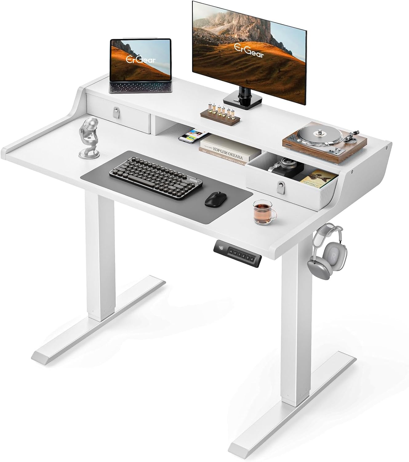image:imageErGear Electric Standing Desk with Drawers 48 x 24 Gaming Table Compatible Monitor Stand Stand up Desks Home Office HeightAdjustable Desk with Storage Shelf 4 Preset Heights WhiteWhite