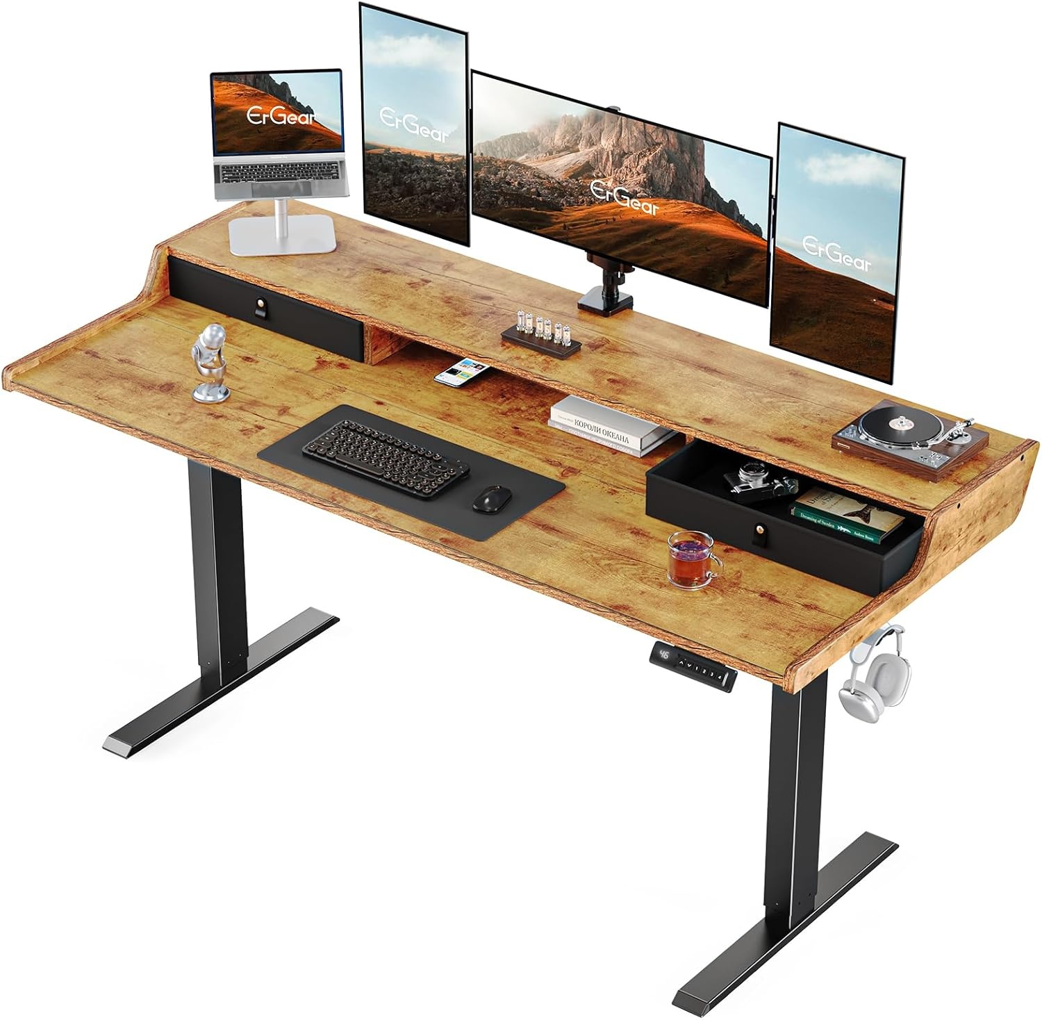 image:imageErGear Electric Standing Desk with Drawers 48 x 24 Gaming Table Compatible Monitor Stand Stand up Desks Home Office HeightAdjustable Desk with Storage Shelf 4 Preset Heights WhiteVintage Brown