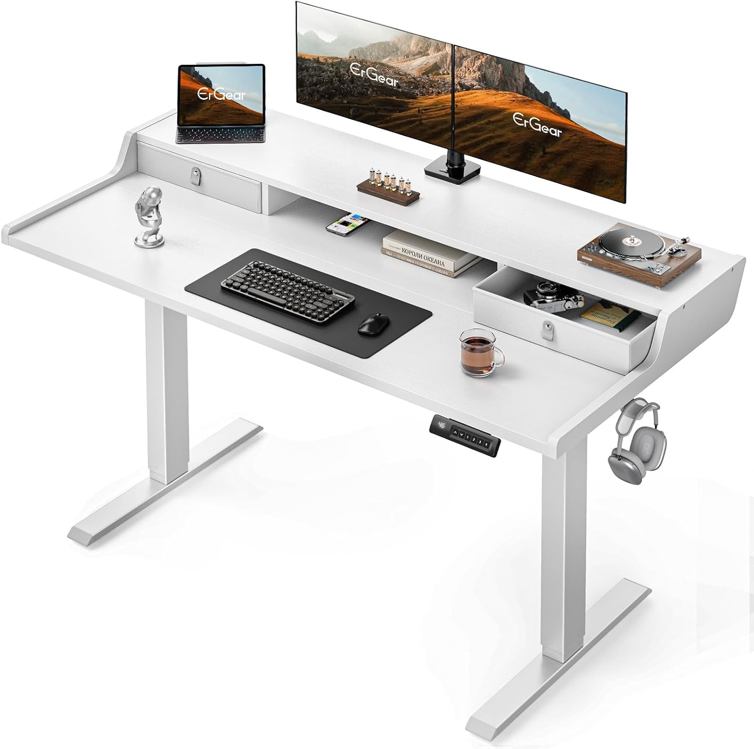image:imageErGear Electric Standing Desk with Drawers 48 x 24 Gaming Table Compatible Monitor Stand Stand up Desks Home Office HeightAdjustable Desk with Storage Shelf 4 Preset Heights WhiteWhite