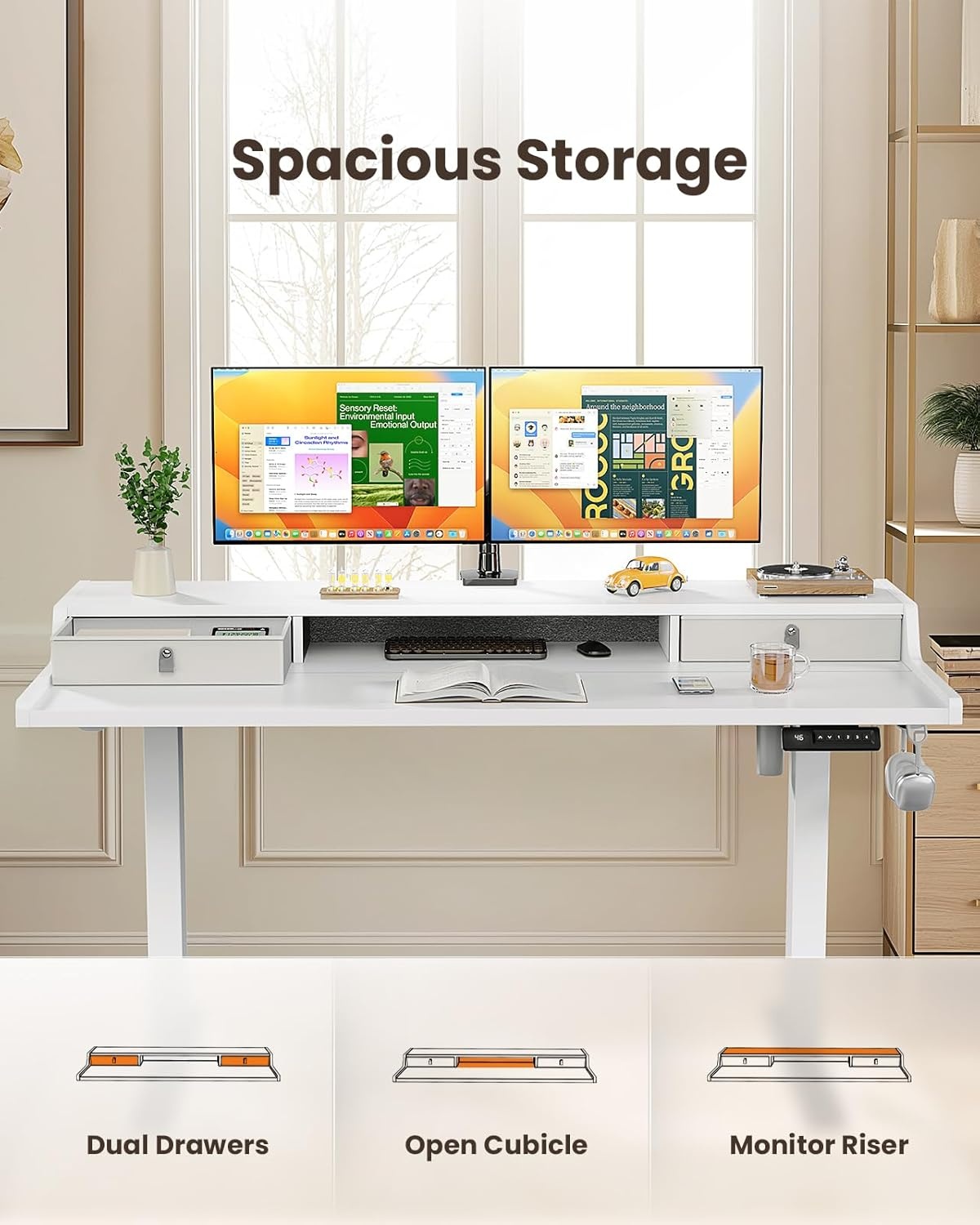 image:imageErGear Electric Standing Desk with Drawers 48 x 24 Gaming Table Compatible Monitor Stand Stand up Desks Home Office HeightAdjustable Desk with Storage Shelf 4 Preset Heights WhiteWhite