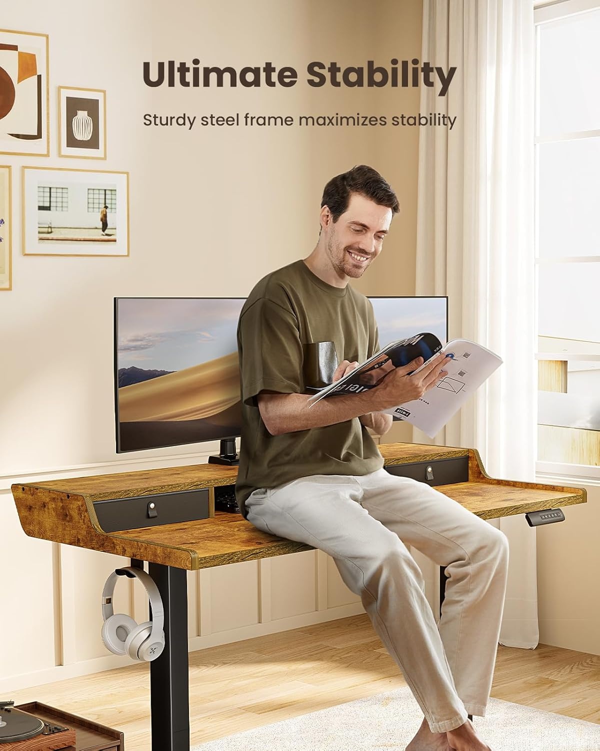 image:imageErGear Electric Standing Desk with Drawers 48 x 24 Gaming Table Compatible Monitor Stand Stand up Desks Home Office HeightAdjustable Desk with Storage Shelf 4 Preset Heights WhiteVintage Brown
