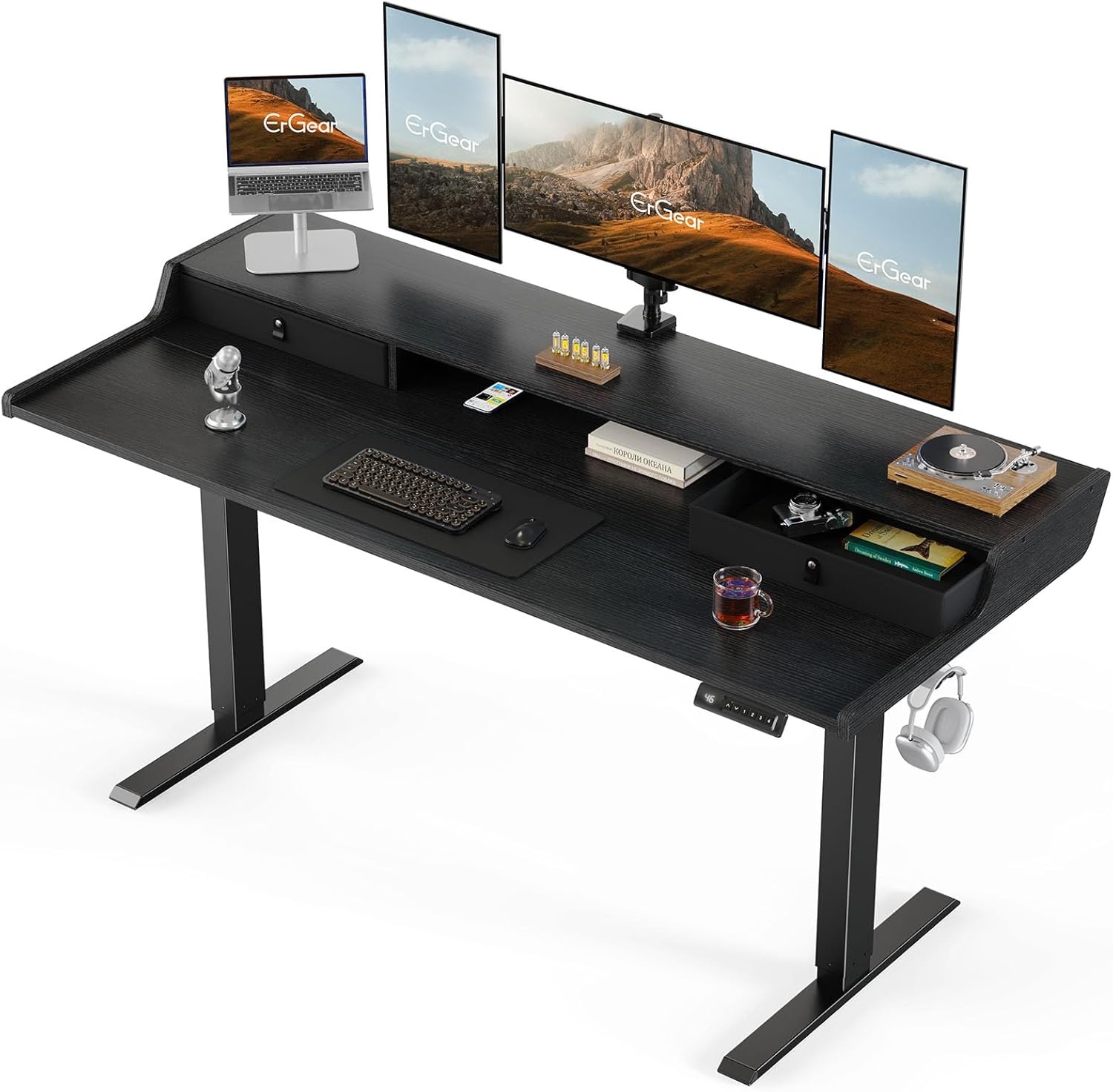 image:imageErGear Electric Standing Desk with Drawers 48 x 24 Gaming Table Compatible Monitor Stand Stand up Desks Home Office HeightAdjustable Desk with Storage Shelf 4 Preset Heights WhiteBlack