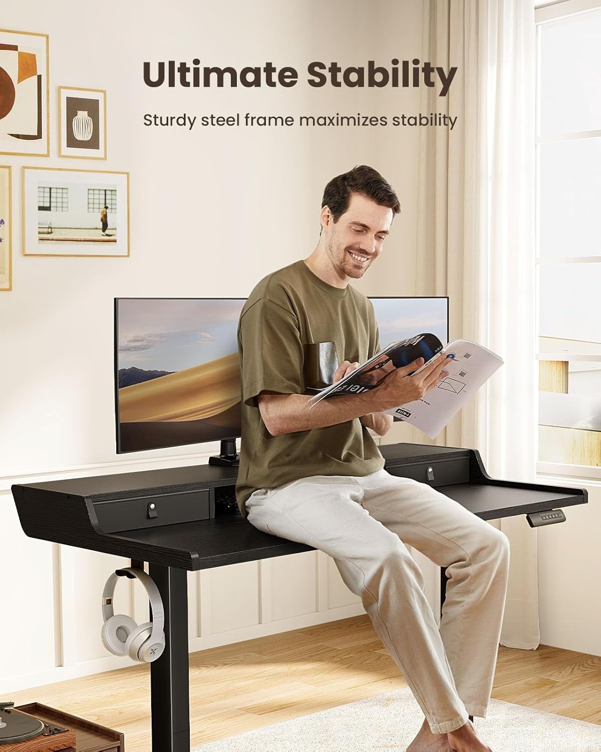 image:imageErGear Electric Standing Desk with Drawers 48 x 24 Gaming Table Compatible Monitor Stand Stand up Desks Home Office HeightAdjustable Desk with Storage Shelf 4 Preset Heights WhiteBlack