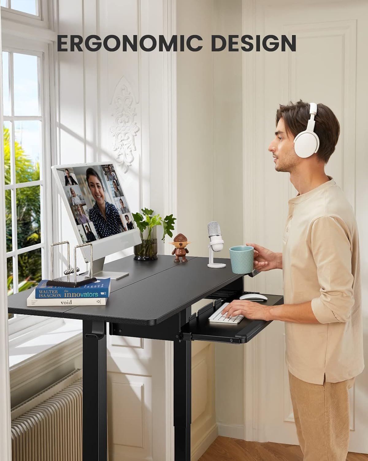 image:imageErGear Electric Standing Desk with Full Size Keyboard Tray Adjustable Height Sit Stand Up Desk Home Office Desk Computer Workstation 48x24 Inches BlackBlack