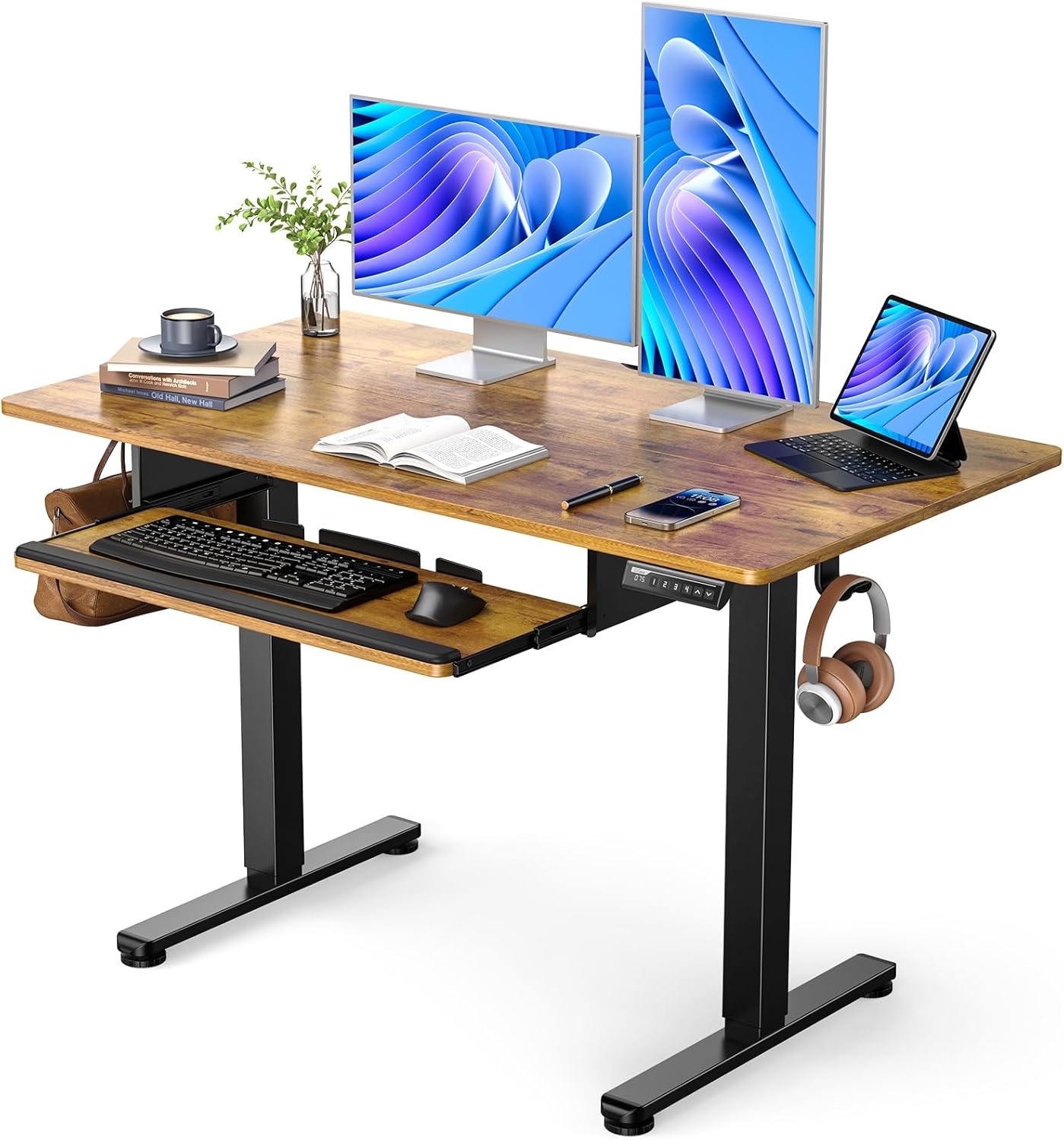 image:imageErGear Electric Standing Desk with Full Size Keyboard Tray Adjustable Height Sit Stand Up Desk Home Office Desk Computer Workstation 48x24 Inches BlackVintage Brown