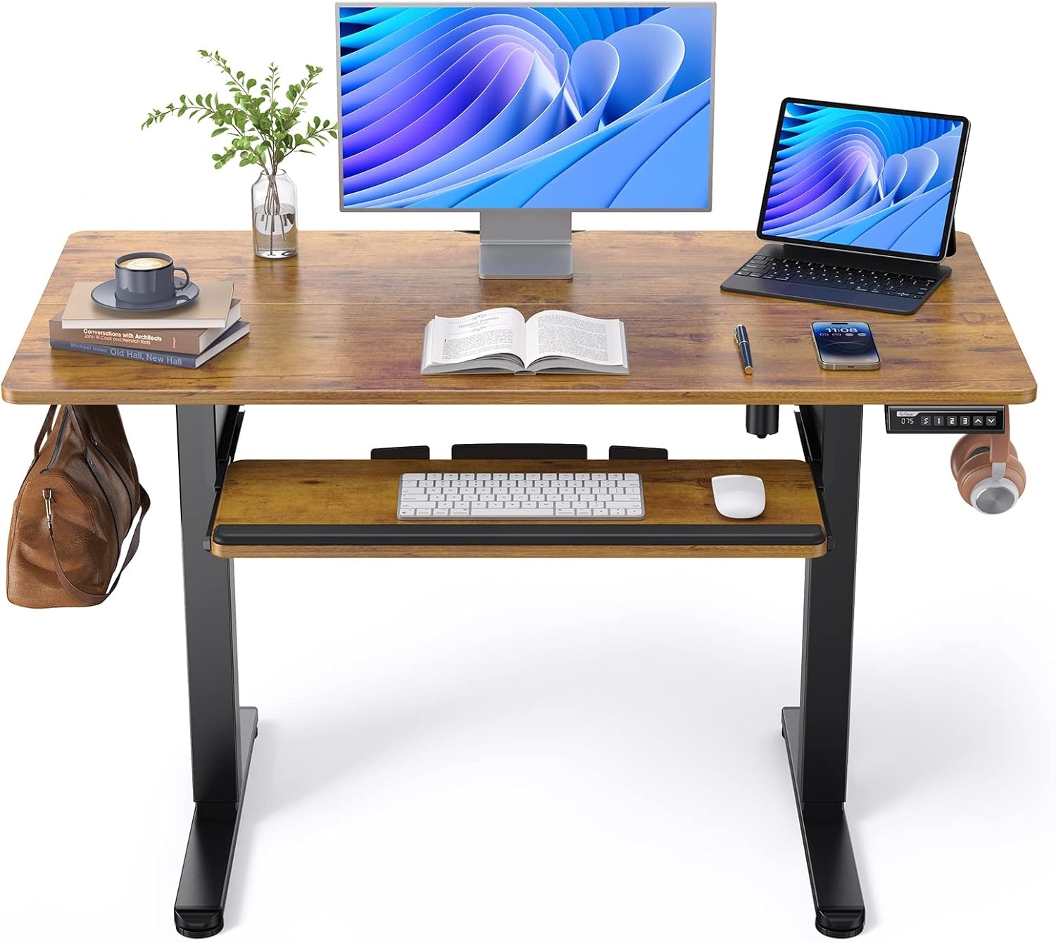 image:imageErGear Electric Standing Desk with Full Size Keyboard Tray Adjustable Height Sit Stand Up Desk Home Office Desk Computer Workstation 48x24 Inches BlackVintage Brown