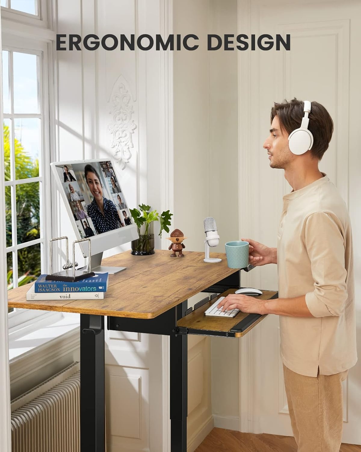 image:imageErGear Electric Standing Desk with Full Size Keyboard Tray Adjustable Height Sit Stand Up Desk Home Office Desk Computer Workstation 48x24 Inches BlackVintage Brown