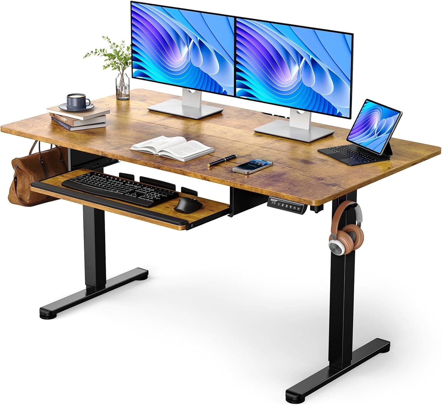 image:imageErGear Electric Standing Desk with Full Size Keyboard Tray Adjustable Height Sit Stand Up Desk Home Office Desk Computer Workstation 48x24 Inches BlackVintage Brown