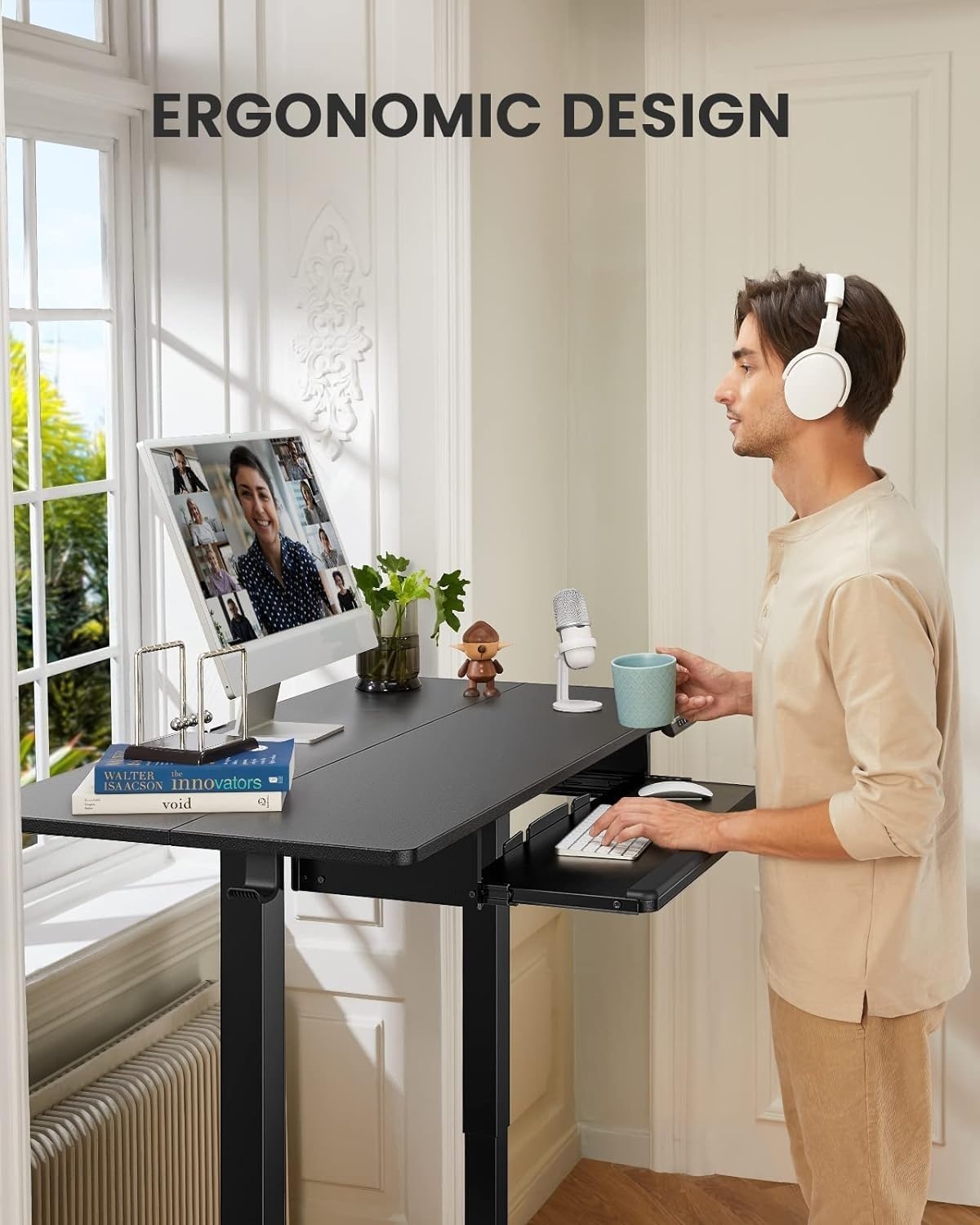 image:imageErGear Electric Standing Desk with Full Size Keyboard Tray Adjustable Height Sit Stand Up Desk Home Office Desk Computer Workstation 48x24 Inches BlackBlack
