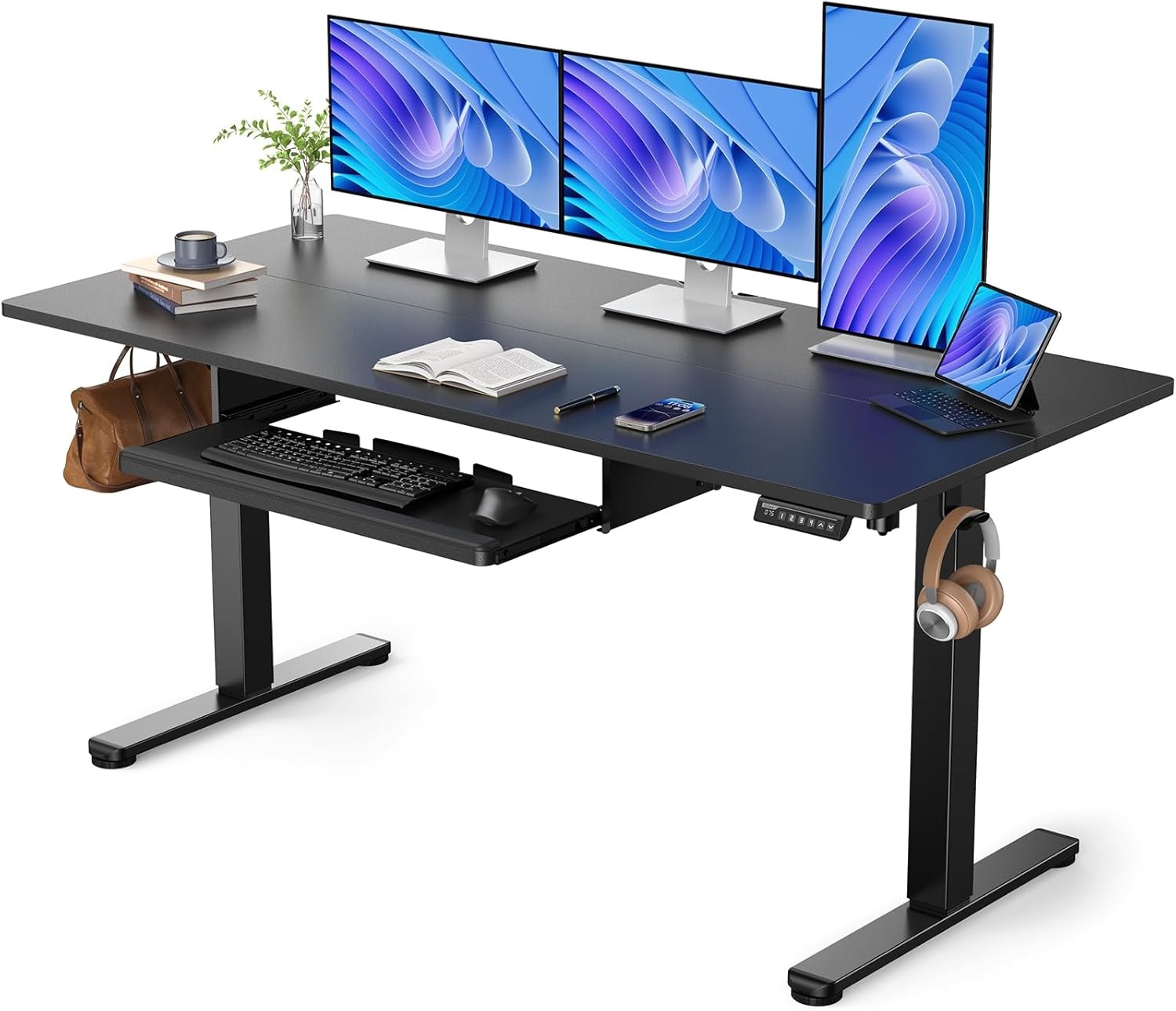 image:imageErGear Electric Standing Desk with Full Size Keyboard Tray Adjustable Height Sit Stand Up Desk Home Office Desk Computer Workstation 48x24 Inches BlackBlack