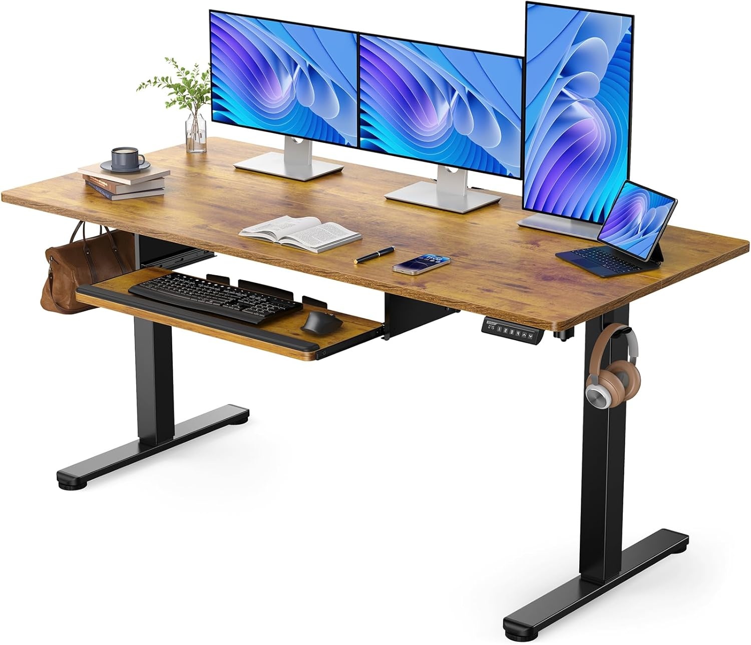 image:imageErGear Electric Standing Desk with Full Size Keyboard Tray Adjustable Height Sit Stand Up Desk Home Office Desk Computer Workstation 48x24 Inches BlackVintage Brown
