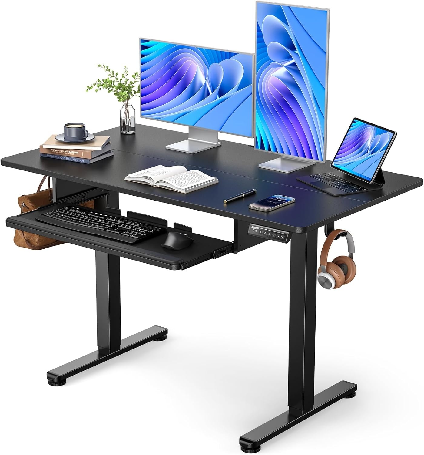 image:imageErGear Electric Standing Desk with Full Size Keyboard Tray Adjustable Height Sit Stand Up Desk Home Office Desk Computer Workstation 48x24 Inches BlackBlack