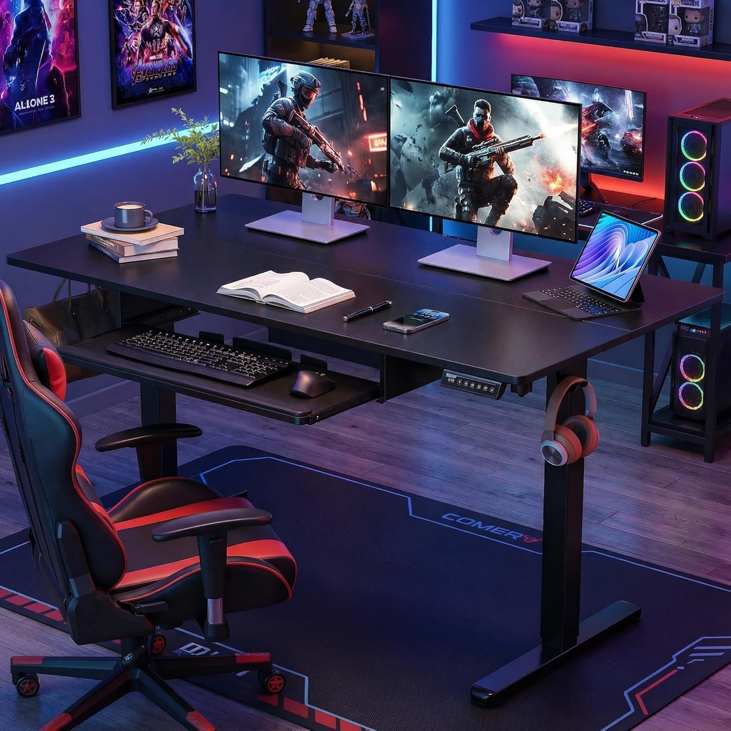 image:imageErGear Electric Standing Desk with Full Size Keyboard Tray Adjustable Height Sit Stand Up Desk Home Office Desk Computer Workstation 48x24 Inches BlackBlack