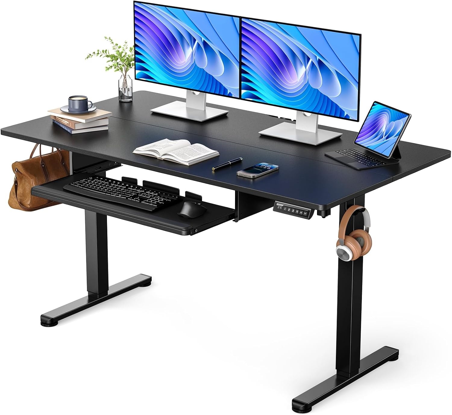 image:imageErGear Electric Standing Desk with Full Size Keyboard Tray Adjustable Height Sit Stand Up Desk Home Office Desk Computer Workstation 48x24 Inches BlackBlack