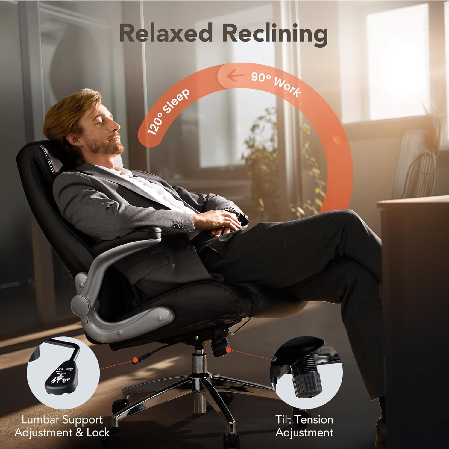 image:imageErGear Executive Office Chair Ergonomic Office Chair with Adjustable Lumbar Support PU Leather High Back Home Office Desk Chair Tilt amp Flip Up Arms 276D x 225W x 43H