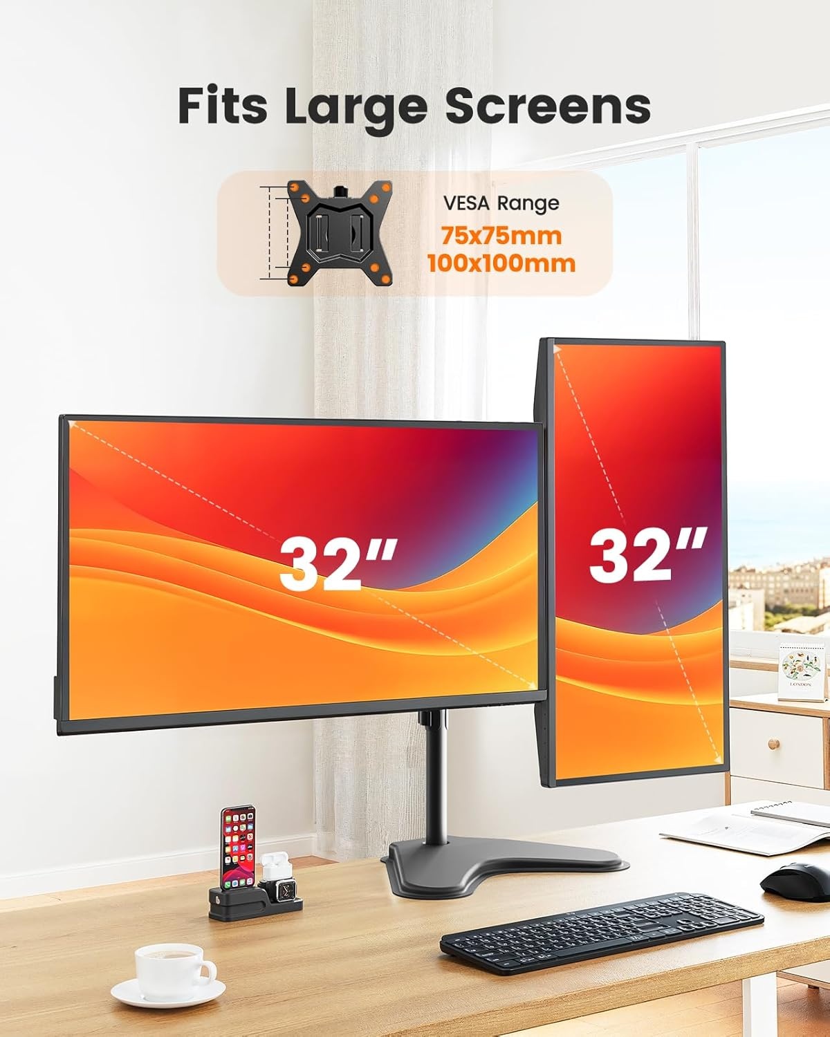 image:imageErGear Freestanding Dual Monitor Stand for 2 Screens up to 32 inch Heavy Duty Monitor Mount Holds Max 176 lbs per Arm Height Adjustable Gaming Monitor Stand for Desk VESA 75x75 100x100mm Black