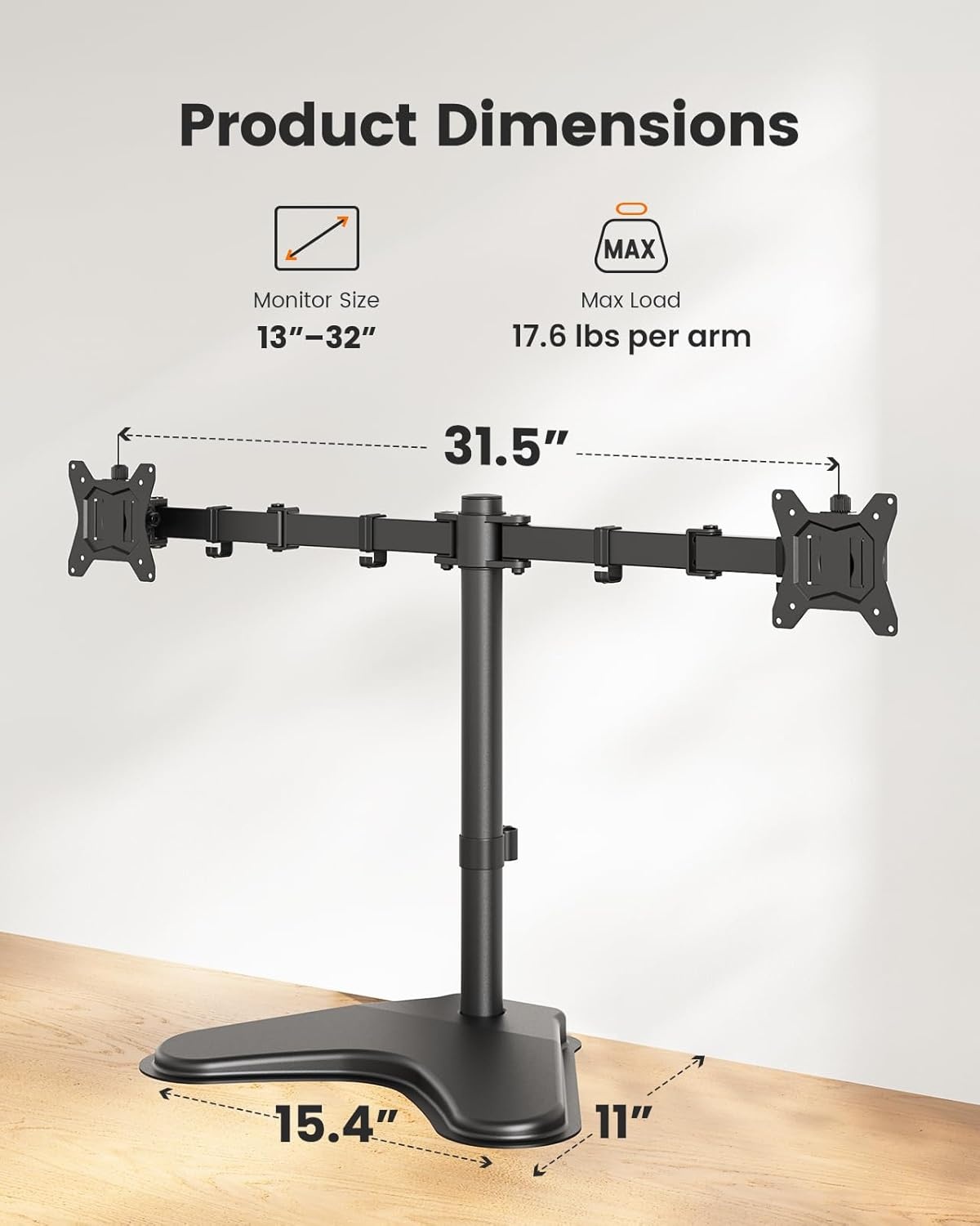 image:imageErGear Freestanding Dual Monitor Stand for 2 Screens up to 32 inch Heavy Duty Monitor Mount Holds Max 176 lbs per Arm Height Adjustable Gaming Monitor Stand for Desk VESA 75x75 100x100mm Black