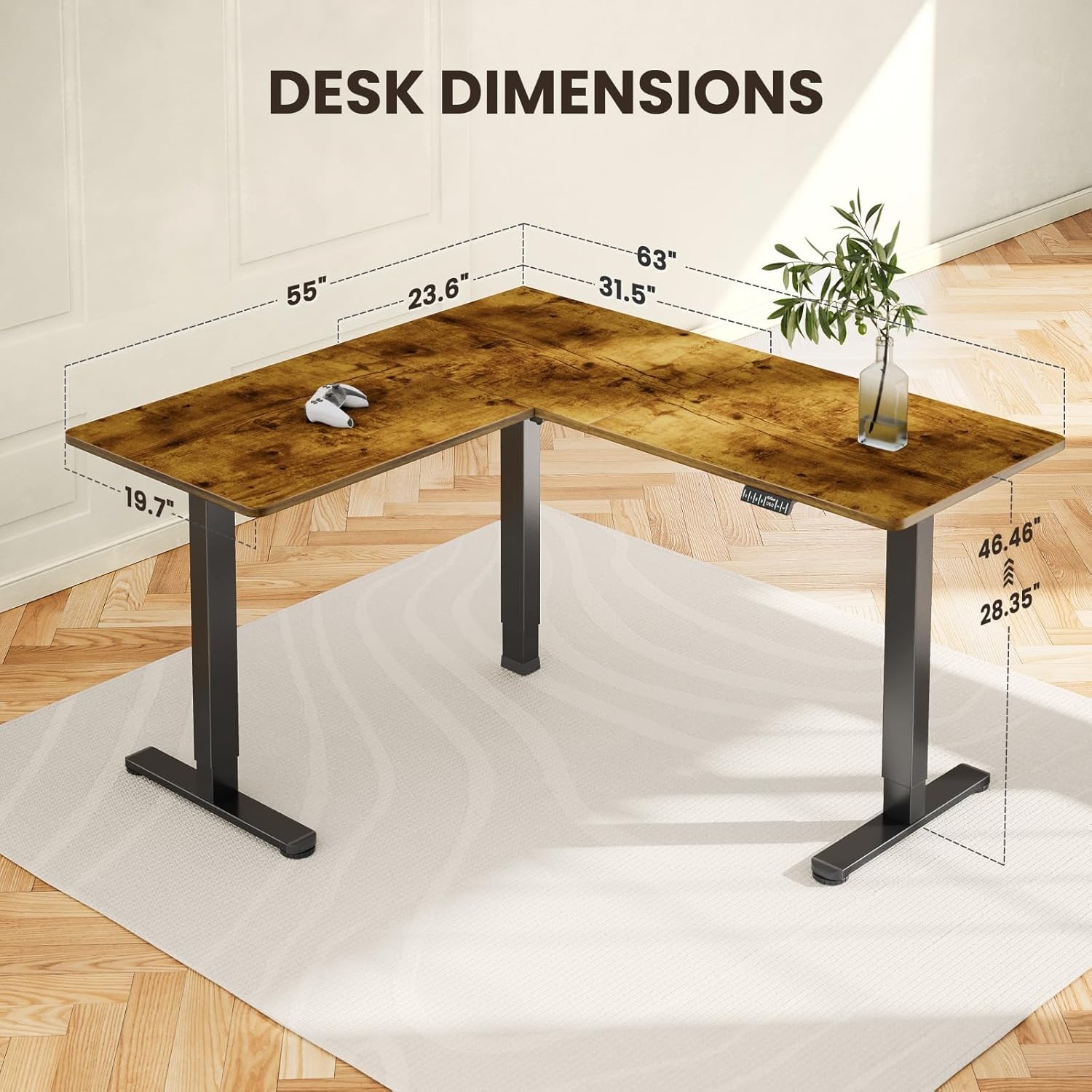 image:imageErGear L Shaped Standing Desk 63x55 Electric Adjustable Height Sit Stand up Desk Ergonomic Large Computer Table Left amp Right Interchangeable Installation Suitable for Home Office BlackVintage Brown