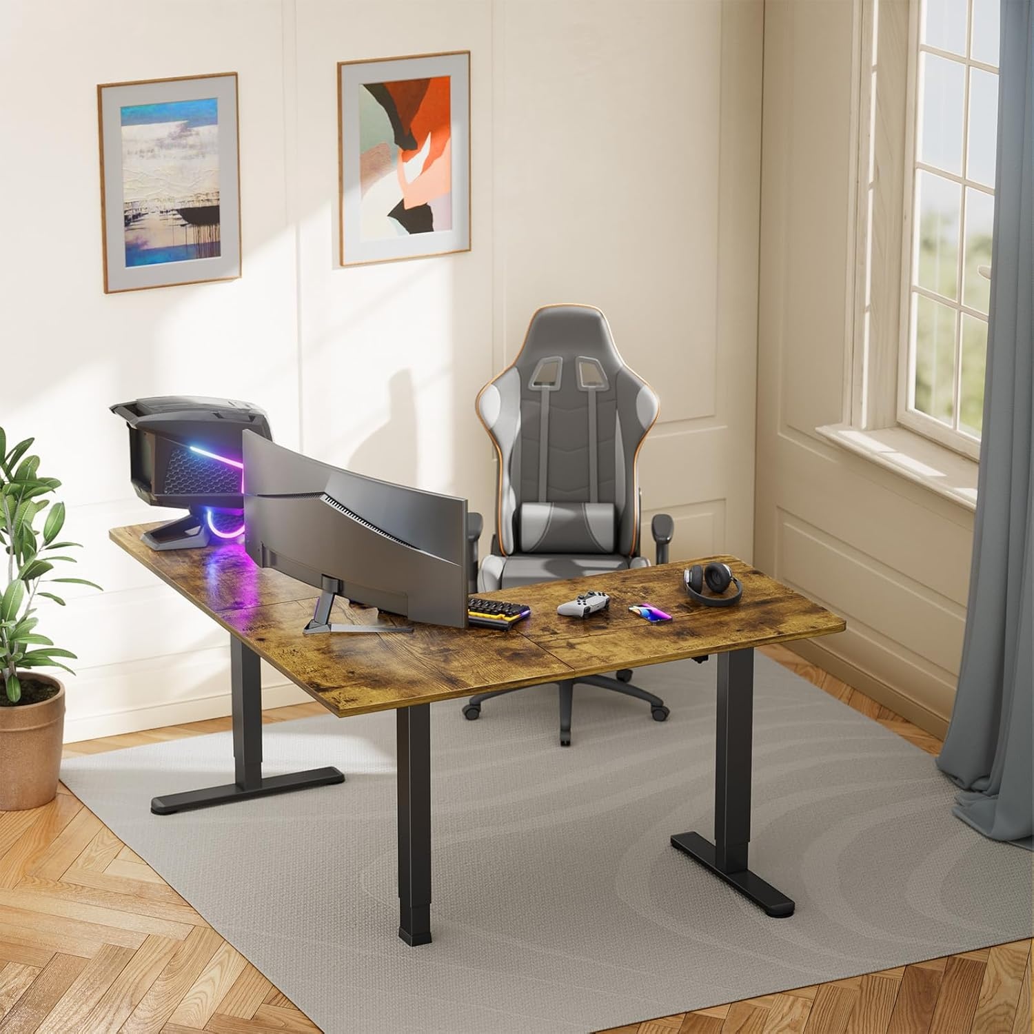 image:imageErGear L Shaped Standing Desk 63x55 Electric Adjustable Height Sit Stand up Desk Ergonomic Large Computer Table Left amp Right Interchangeable Installation Suitable for Home Office BlackVintage Brown