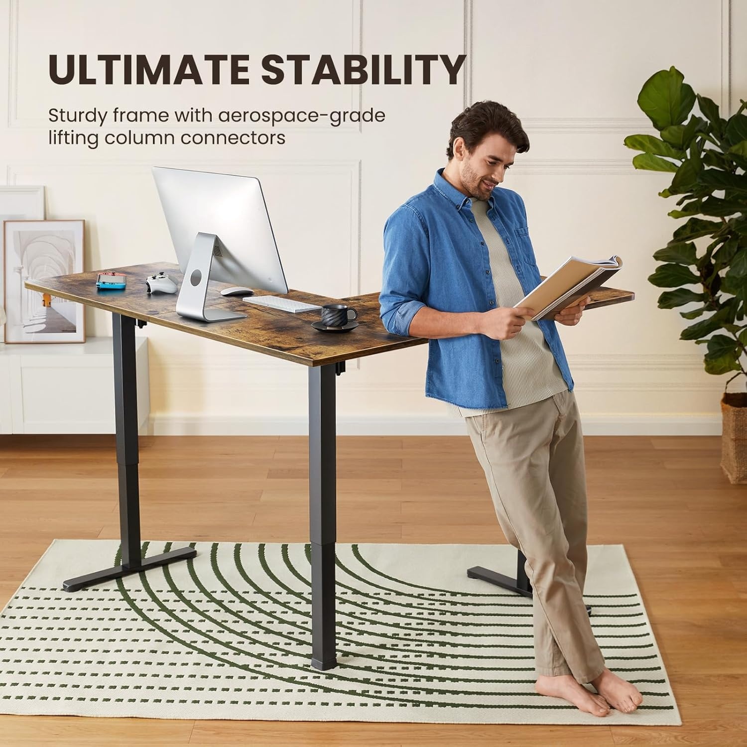 image:imageErGear L Shaped Standing Desk 63x55 Electric Adjustable Height Sit Stand up Desk Ergonomic Large Computer Table Left amp Right Interchangeable Installation Suitable for Home Office BlackVintage Brown