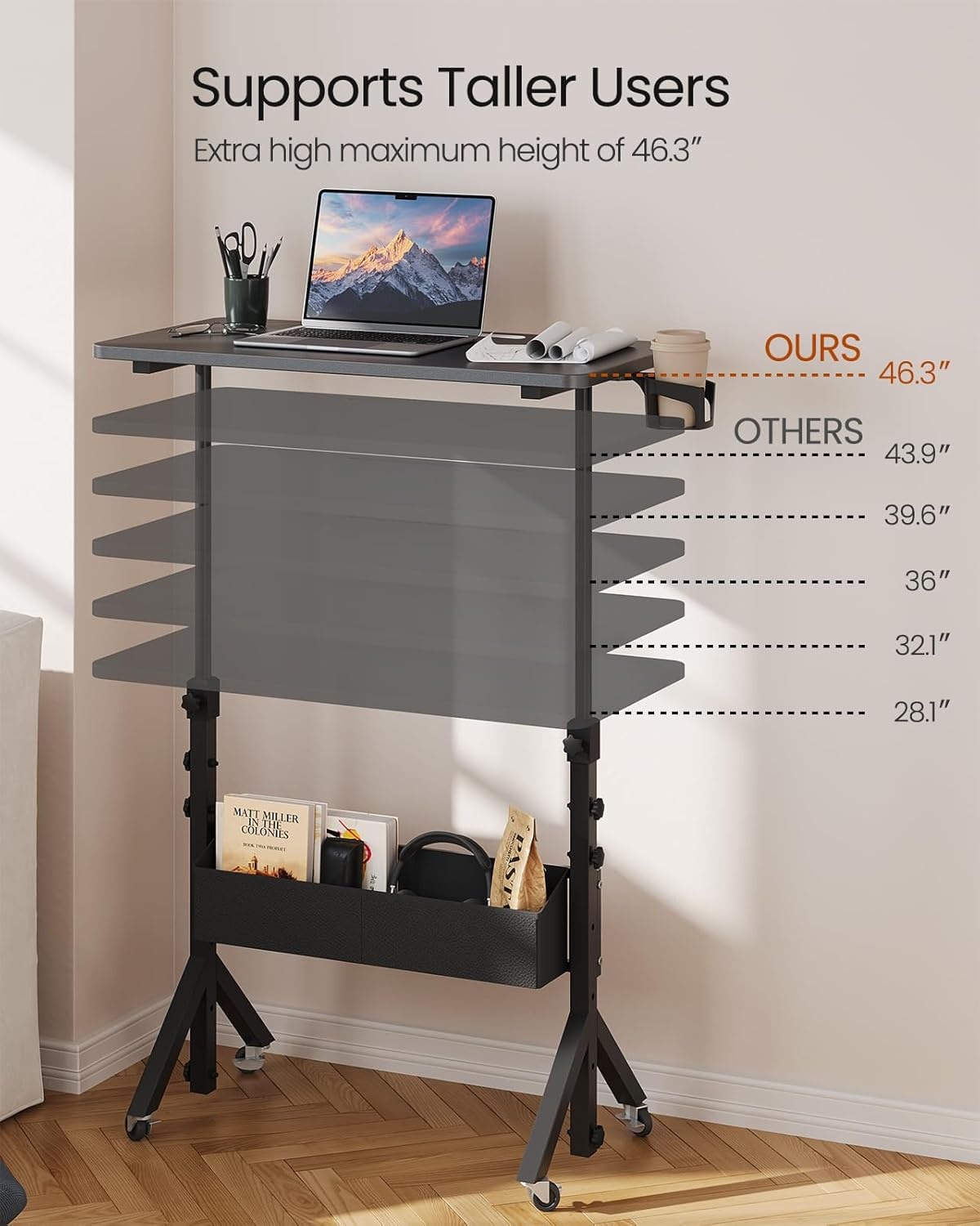 image:imageErGear Mobile Standing Desk with Wheels Adjustable Height 283 to 461 Rolling Laptop Cart with Cup Holder Storage Basket Computer amp Pen Slot Home Office Stand Up Desk White 315 x 1575Black