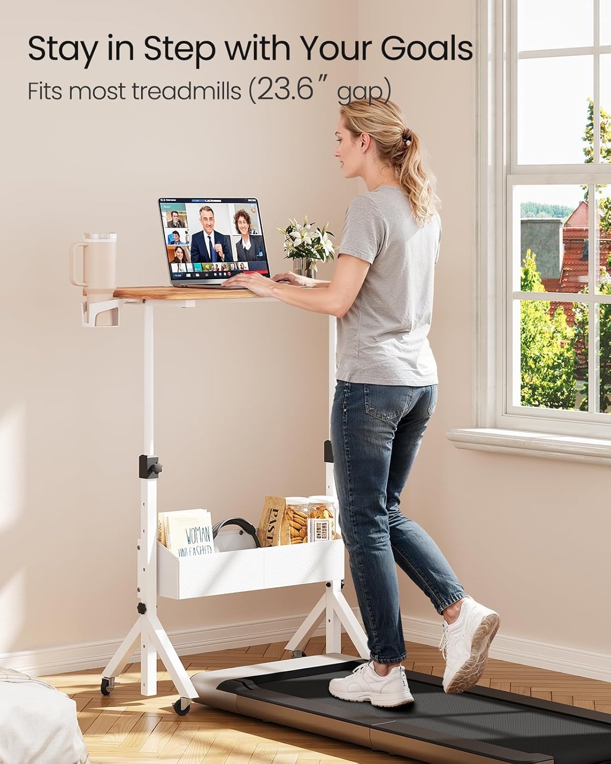 image:imageErGear Mobile Standing Desk with Wheels Adjustable Height 283 to 461 Rolling Laptop Cart with Cup Holder Storage Basket Computer amp Pen Slot Home Office Stand Up Desk White 315 x 1575Light Vintage Wood