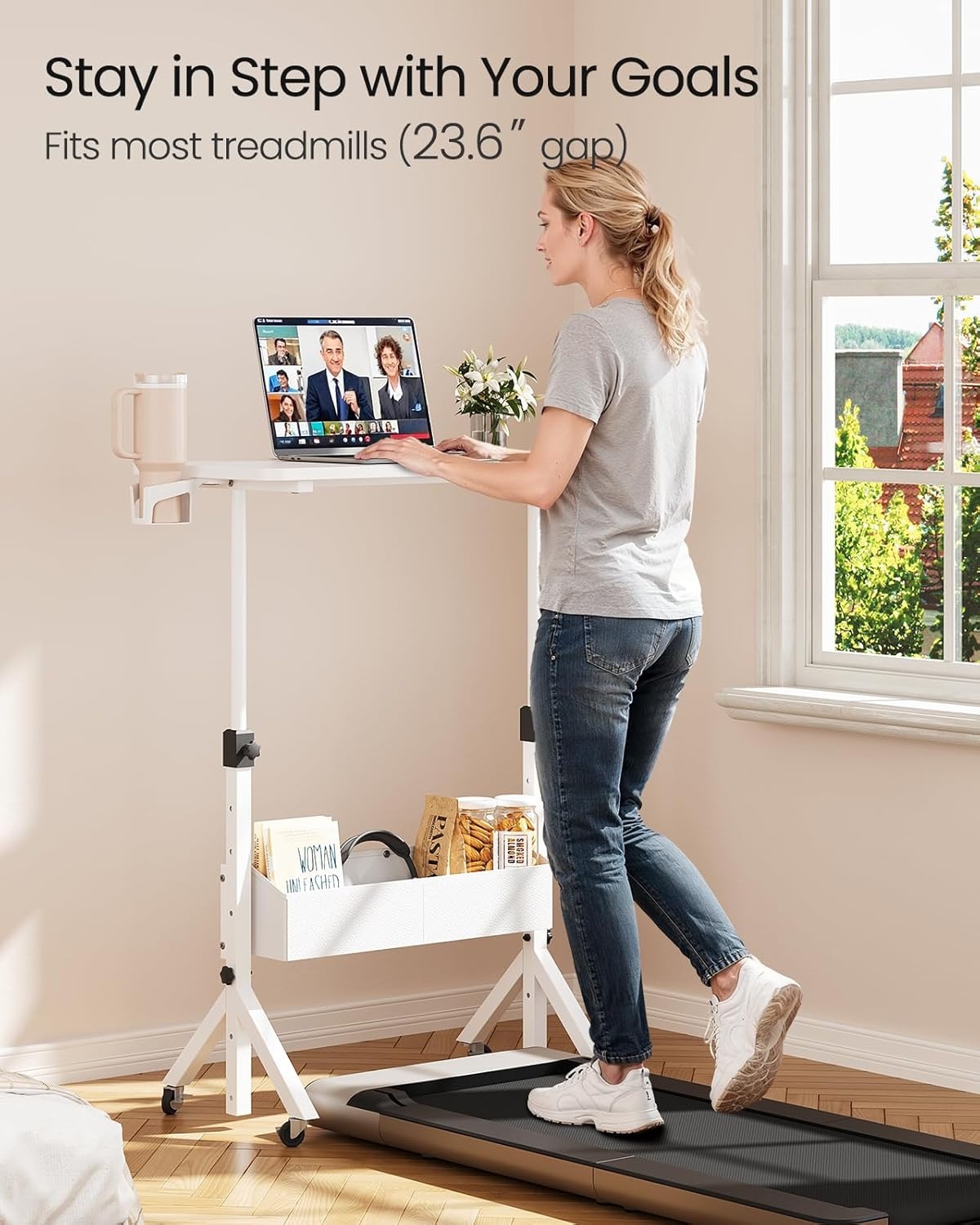image:imageErGear Mobile Standing Desk with Wheels Adjustable Height 283 to 461 Rolling Laptop Cart with Cup Holder Storage Basket Computer amp Pen Slot Home Office Stand Up Desk White 315 x 1575White