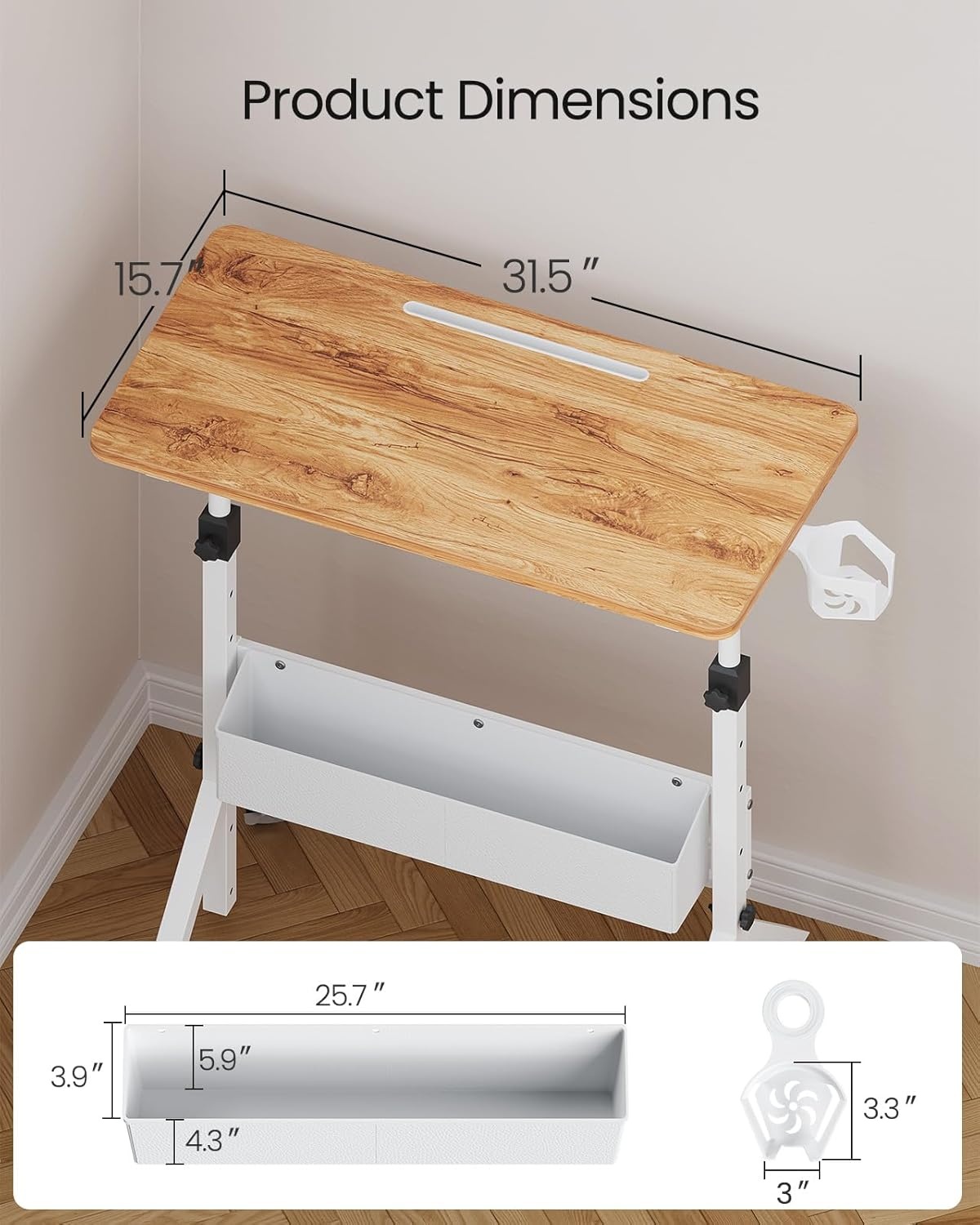 image:imageErGear Mobile Standing Desk with Wheels Adjustable Height 283 to 461 Rolling Laptop Cart with Cup Holder Storage Basket Computer amp Pen Slot Home Office Stand Up Desk White 315 x 1575Light Vintage Wood
