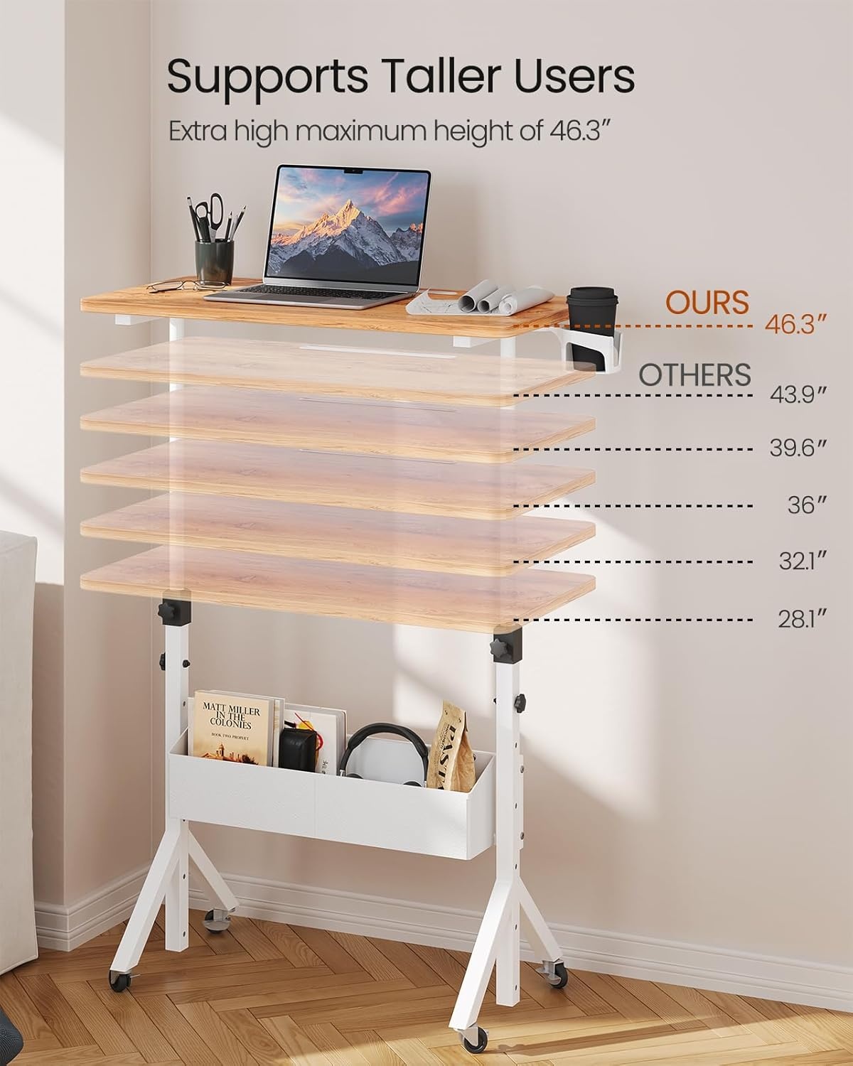 image:imageErGear Mobile Standing Desk with Wheels Adjustable Height 283 to 461 Rolling Laptop Cart with Cup Holder Storage Basket Computer amp Pen Slot Home Office Stand Up Desk White 315 x 1575Light Vintage Wood
